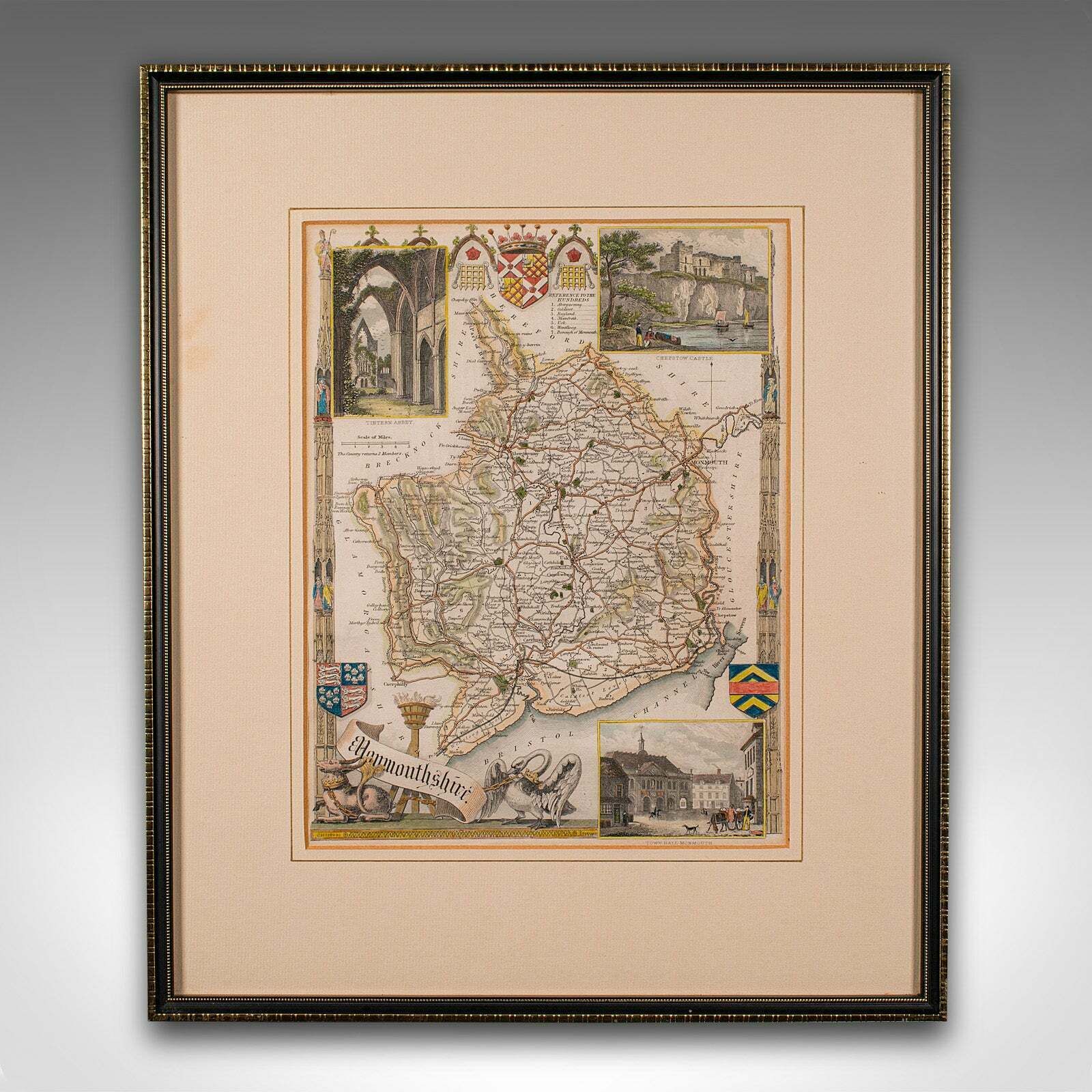 Antique Lithography Map, Monmouthshire, Framed, Welsh Cartography, Victorian photo furniture