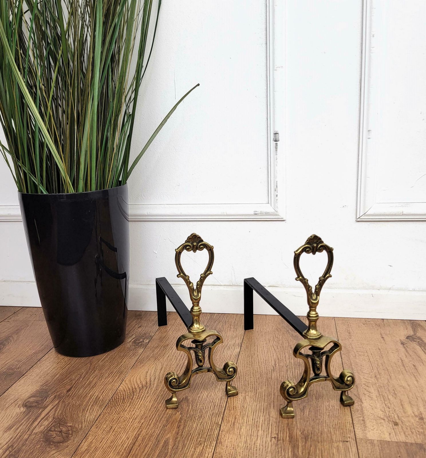 Italian Brass And Wrought Iron Pair Of Andirons Log Holder photo for sale