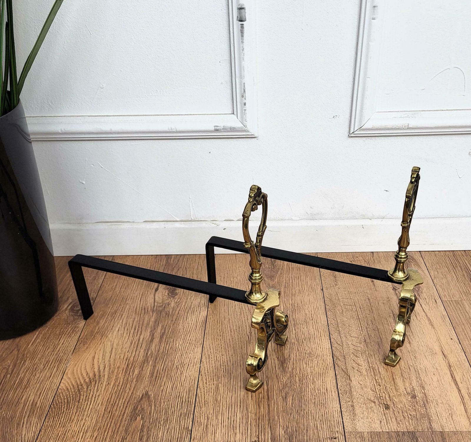 Italian Brass And Wrought Iron Pair Of Andirons Log Holder photo Home Fixtures
