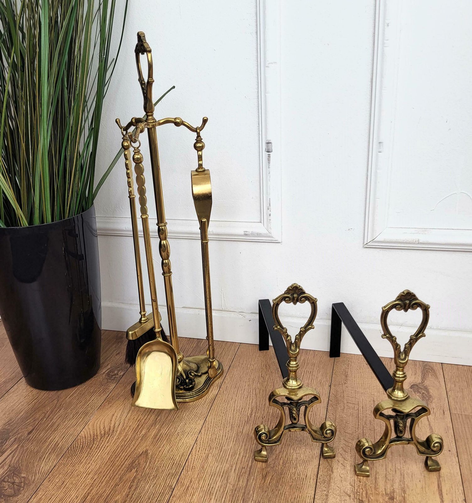Italian Brass And Wrought Iron Pair Of Andirons Log Holder photo vinterior