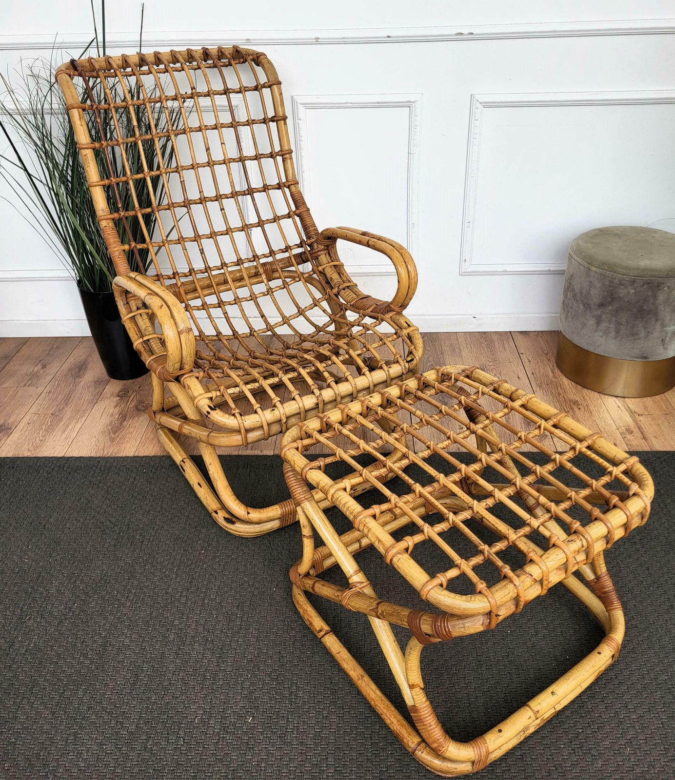 1960s, Italian Bamboo Rattan Bohemian French Riviera Lounge Chair Ottoman photo furniture