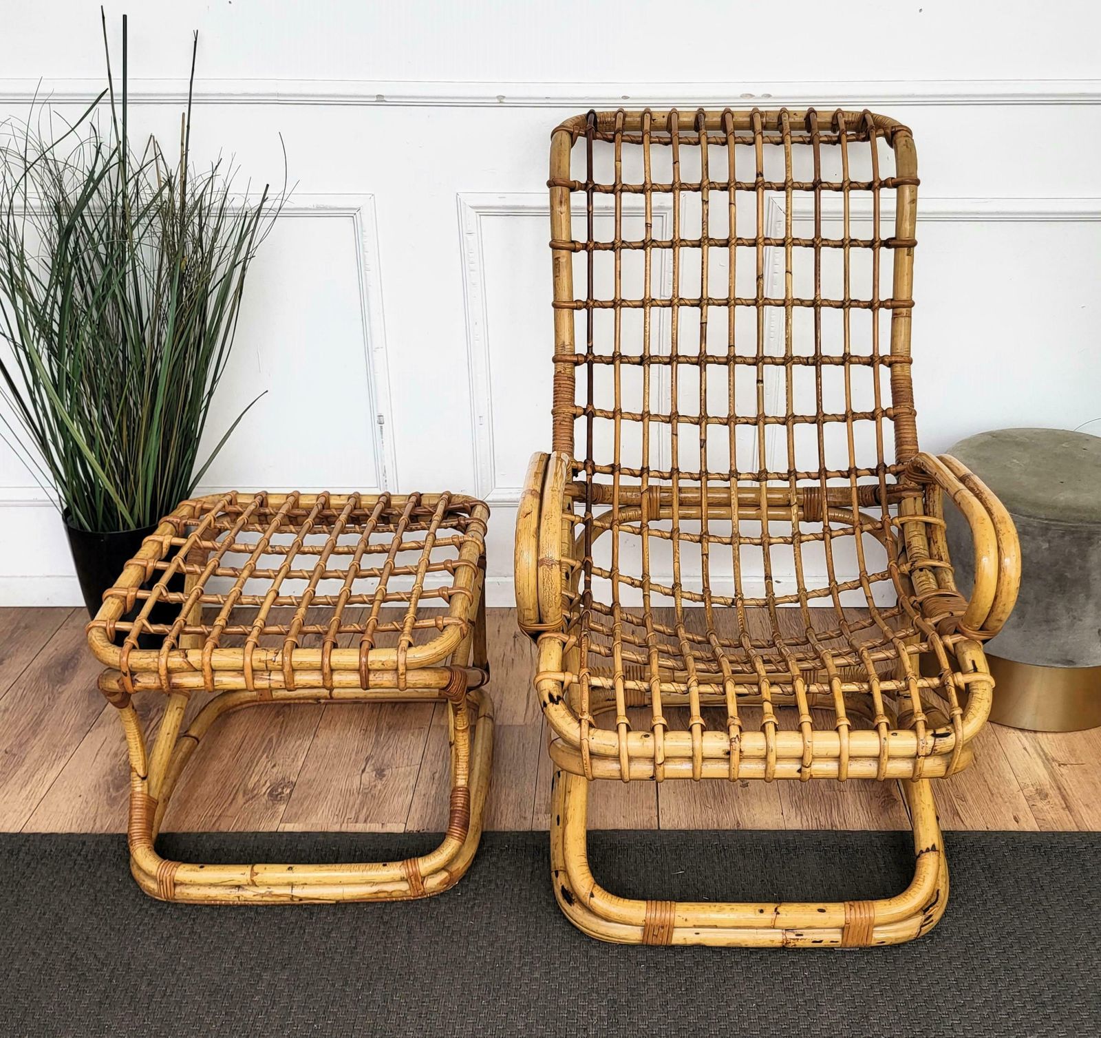 1960s, Italian Bamboo Rattan Bohemian French Riviera Lounge Chair Ottoman photo Furniture