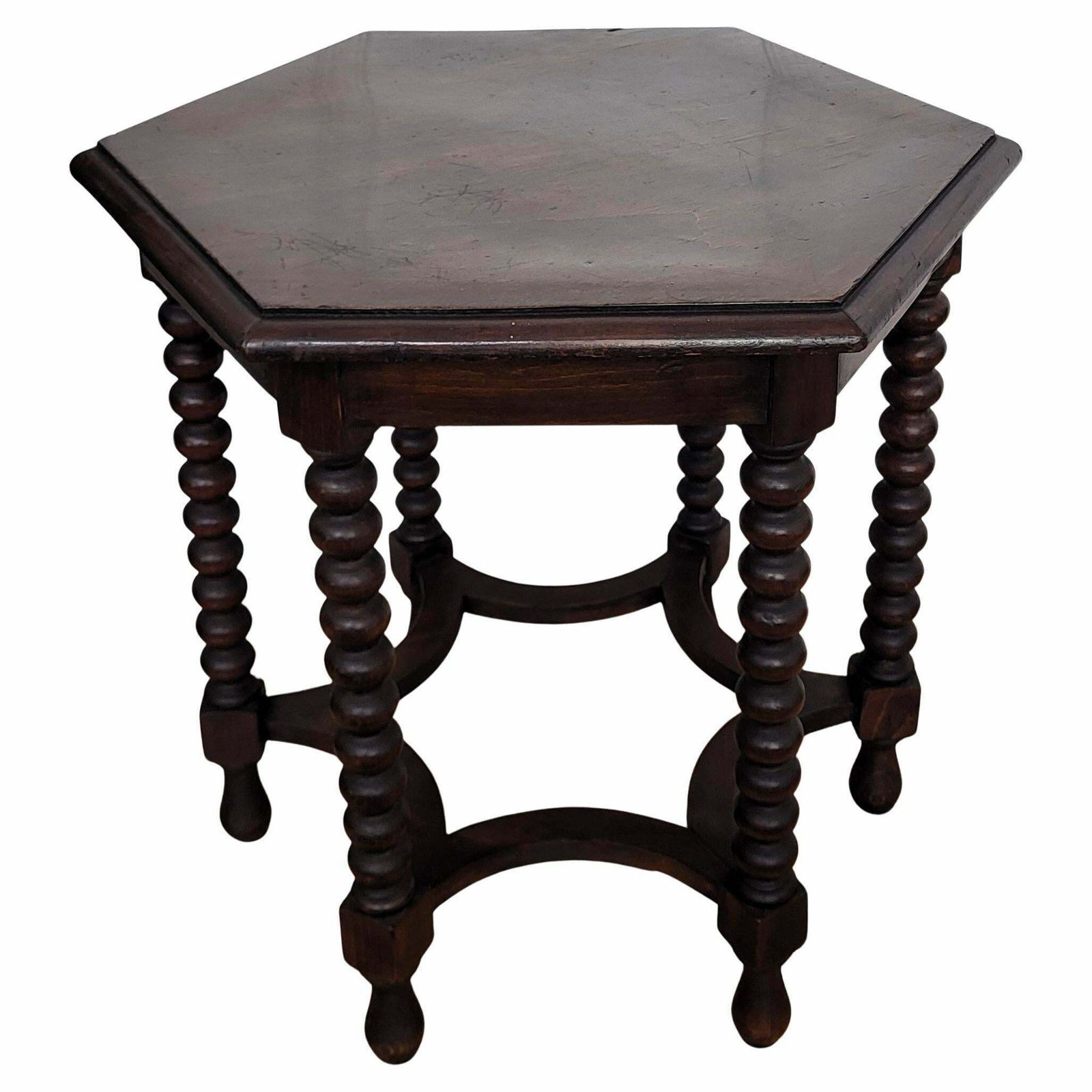 Antique Italian Hexagonal Black Walnut Side Table Stool With Bobbin Turned Legs