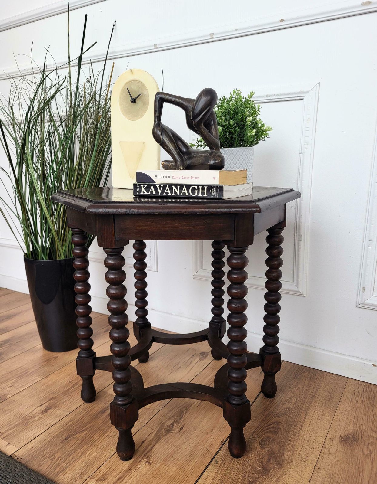 Antique Italian Hexagonal Black Walnut Side Table Stool With Bobbin Turned Legs photo furniture