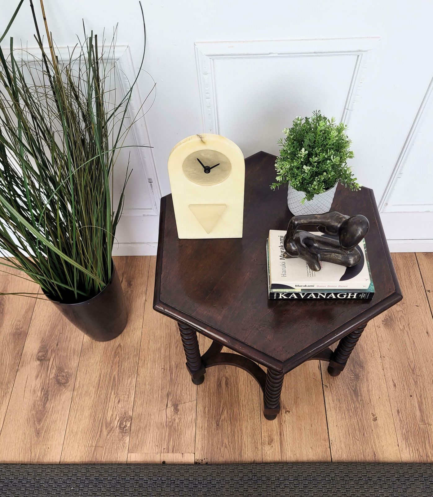Antique Italian Hexagonal Black Walnut Side Table Stool With Bobbin Turned Legs photo Furniture
