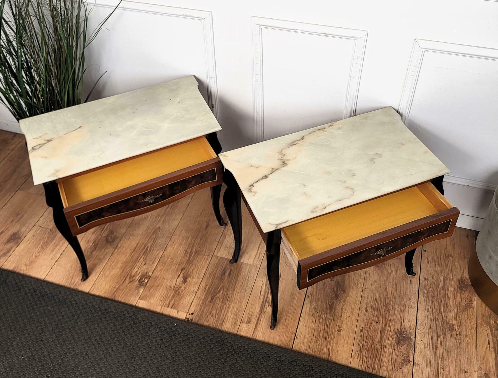 Pair Of Italian Art Deco Marquetry Wood Marble Top Night Stands Bedside Tables photo 1636.0