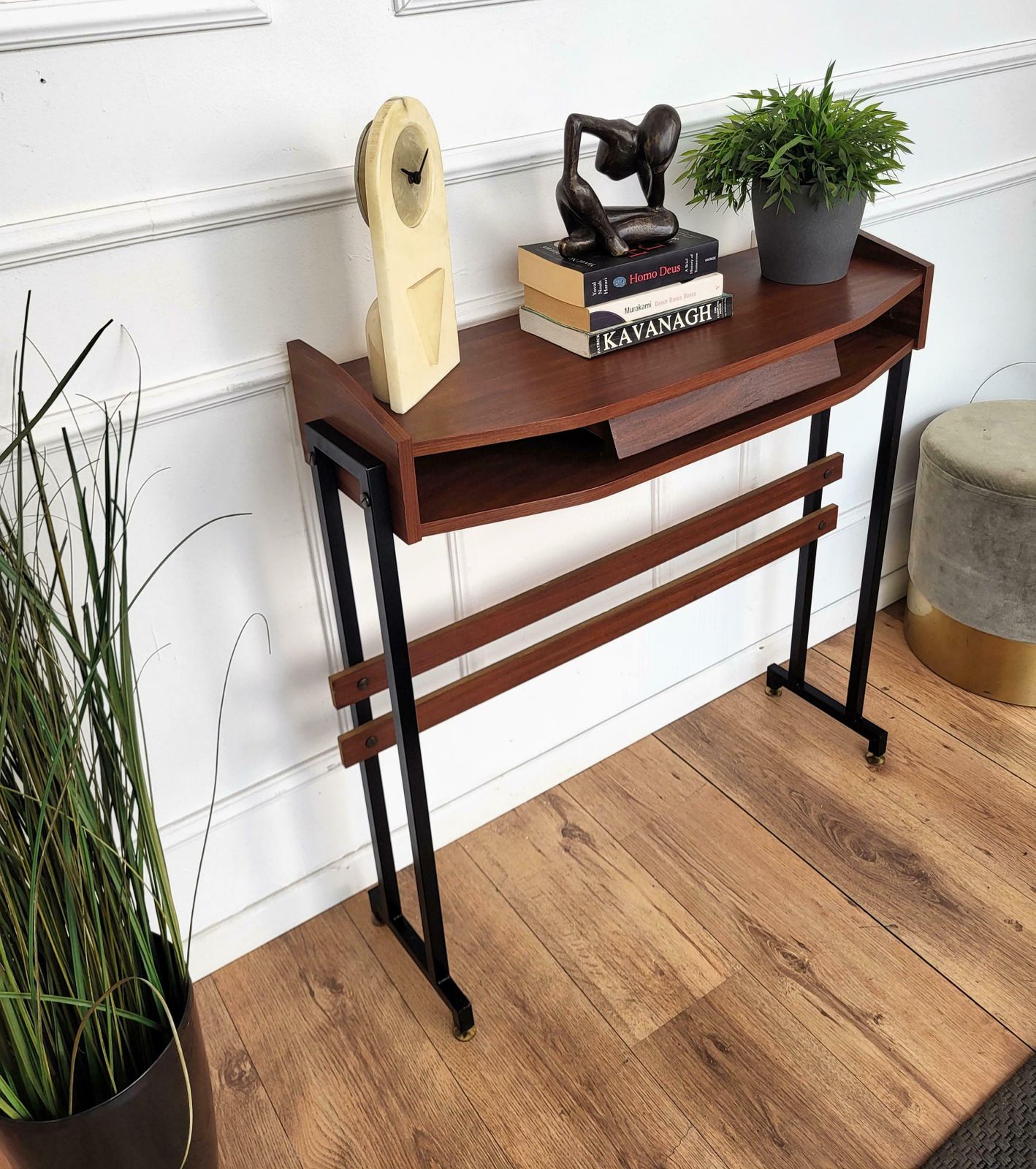 50s Mid Century Modern Italian Metal Base Brass Feet Teak Wood Console Table photo Furniture