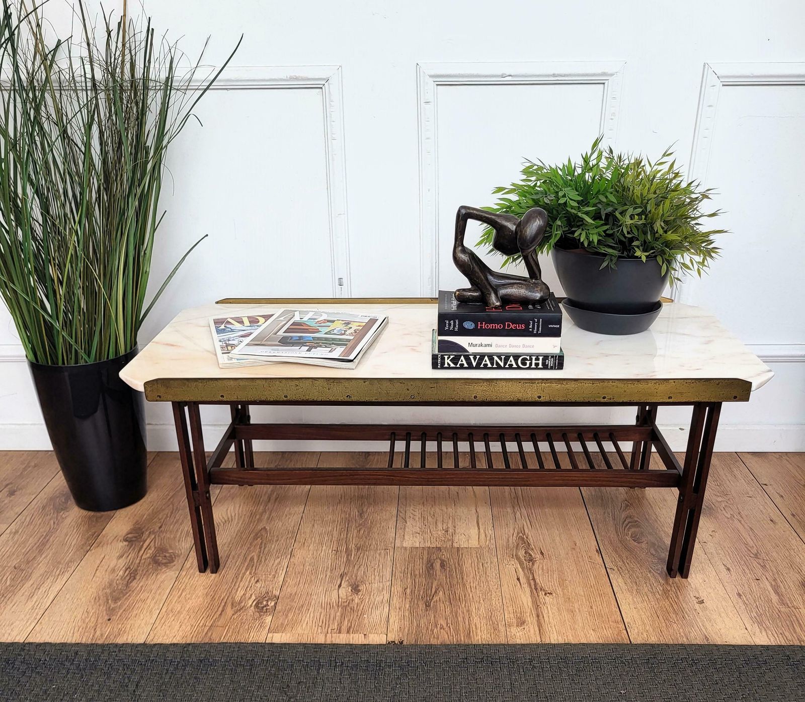 1960s Italian Mid Century Modern Marble Brass And Wood Cocktail Coffee Table photo for sale