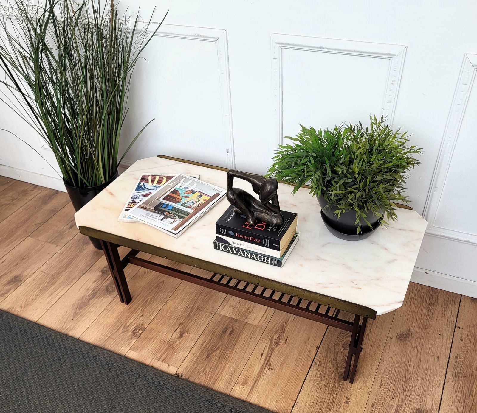 1960s Italian Mid Century Modern Marble Brass And Wood Cocktail Coffee Table photo Furniture