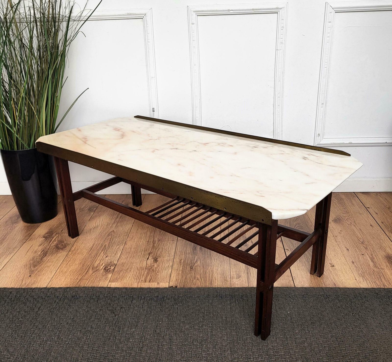 1960s Italian Mid Century Modern Marble Brass And Wood Cocktail Coffee Table photo vintage