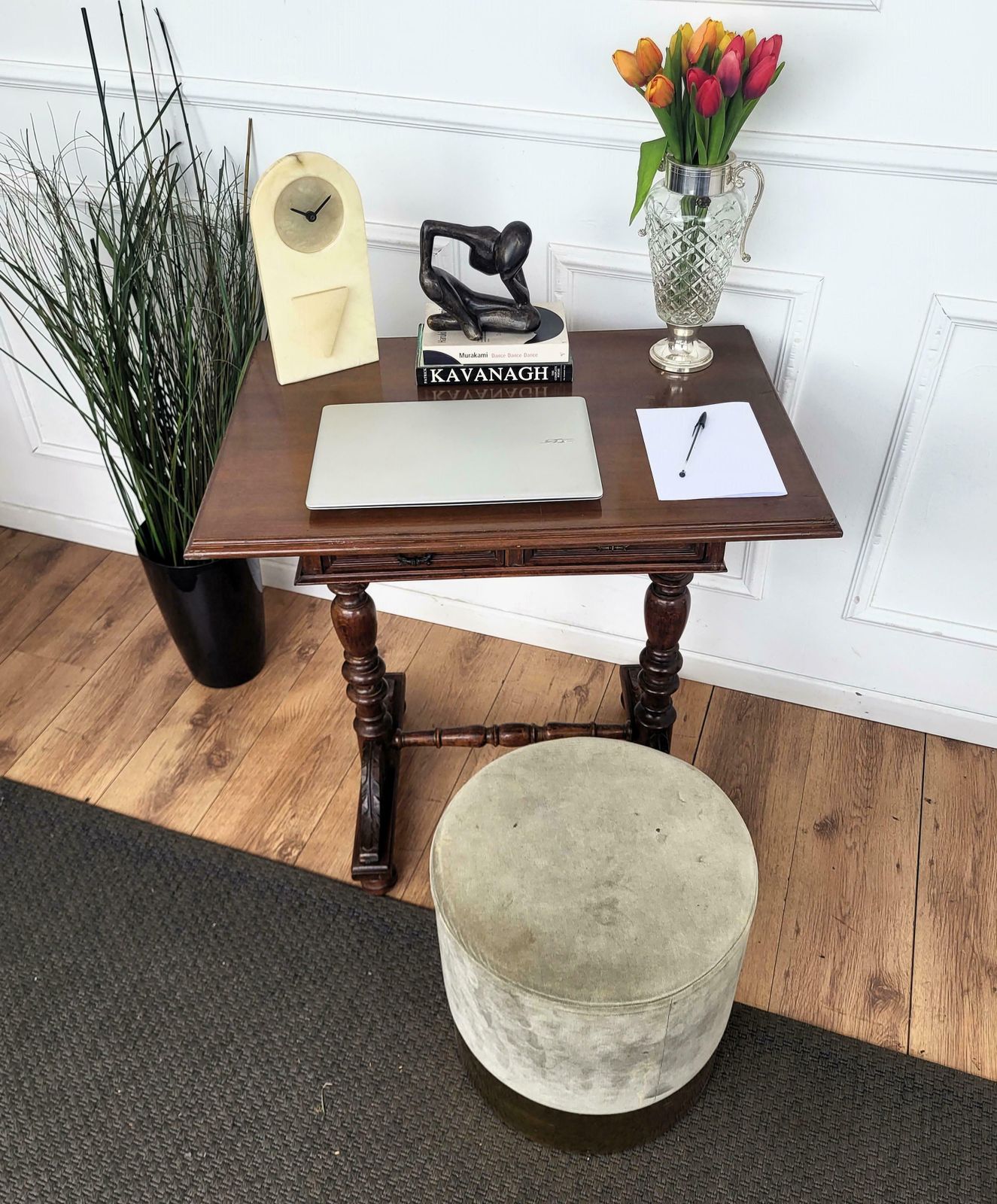 Antique French Side Table Writing Desk Oak Beveled Top Carved Decorated Legs photo for sale