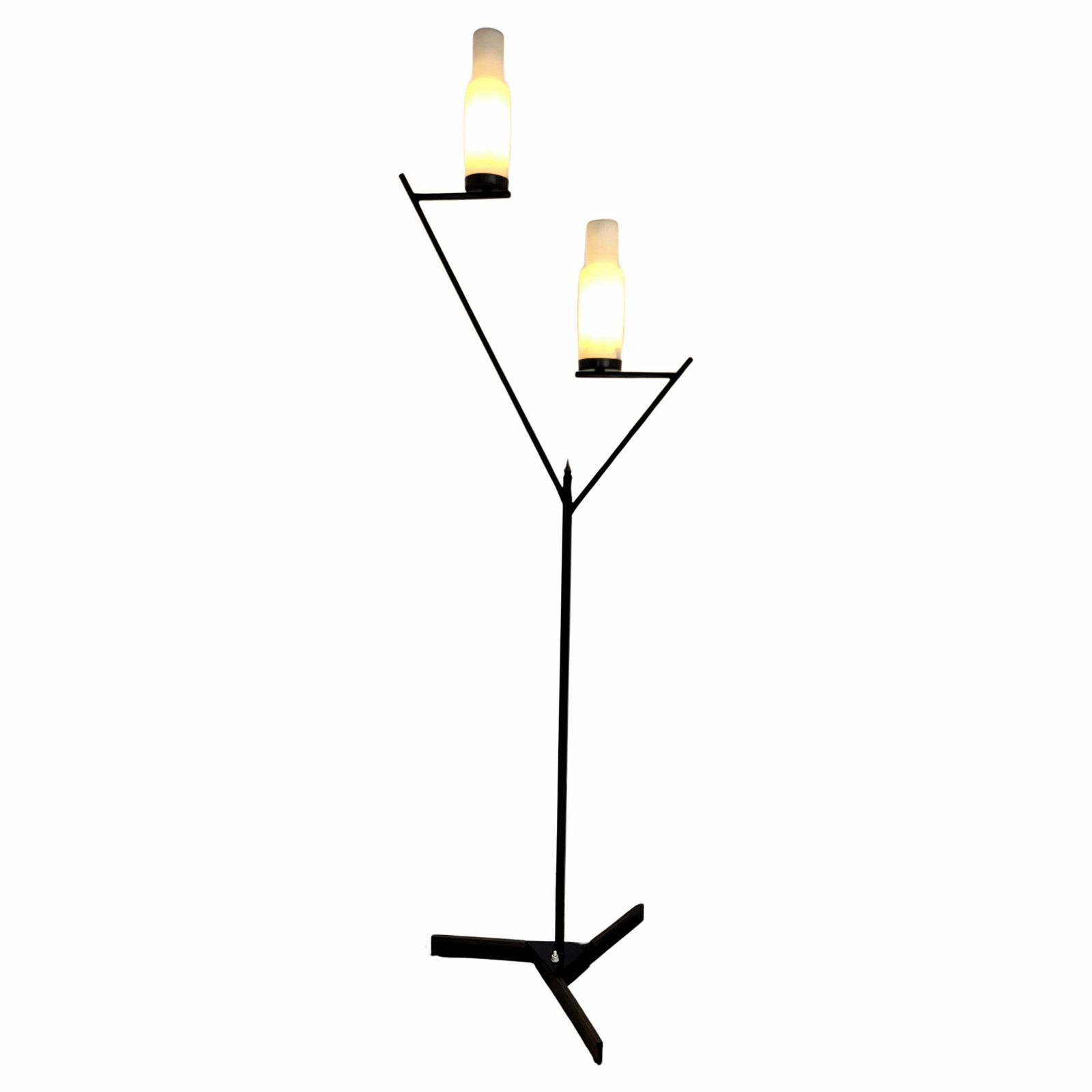 Italian Art Deco Mid Century Black Metal Gilt Brass Opaline Glass Floor Lamp