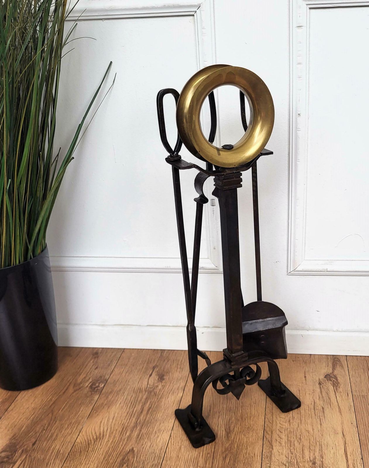 Italian Three Piece Brass Vintage Fireplace Fire Tool Set With Stand photo for sale