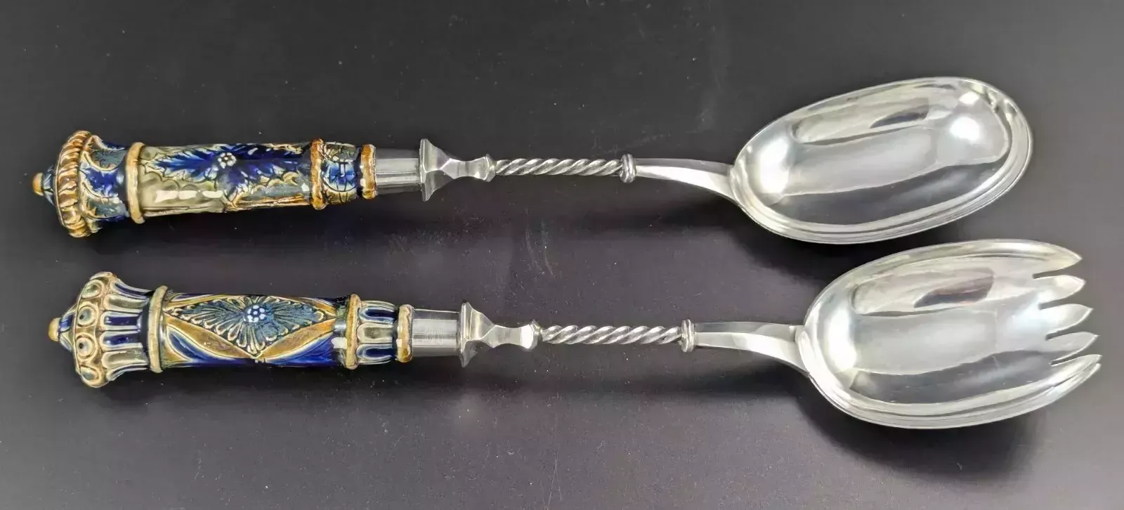 Antique Set Of Doulton Lambeth Salad Bowl And Silver Servers, C. 1877   Rare photo furniture