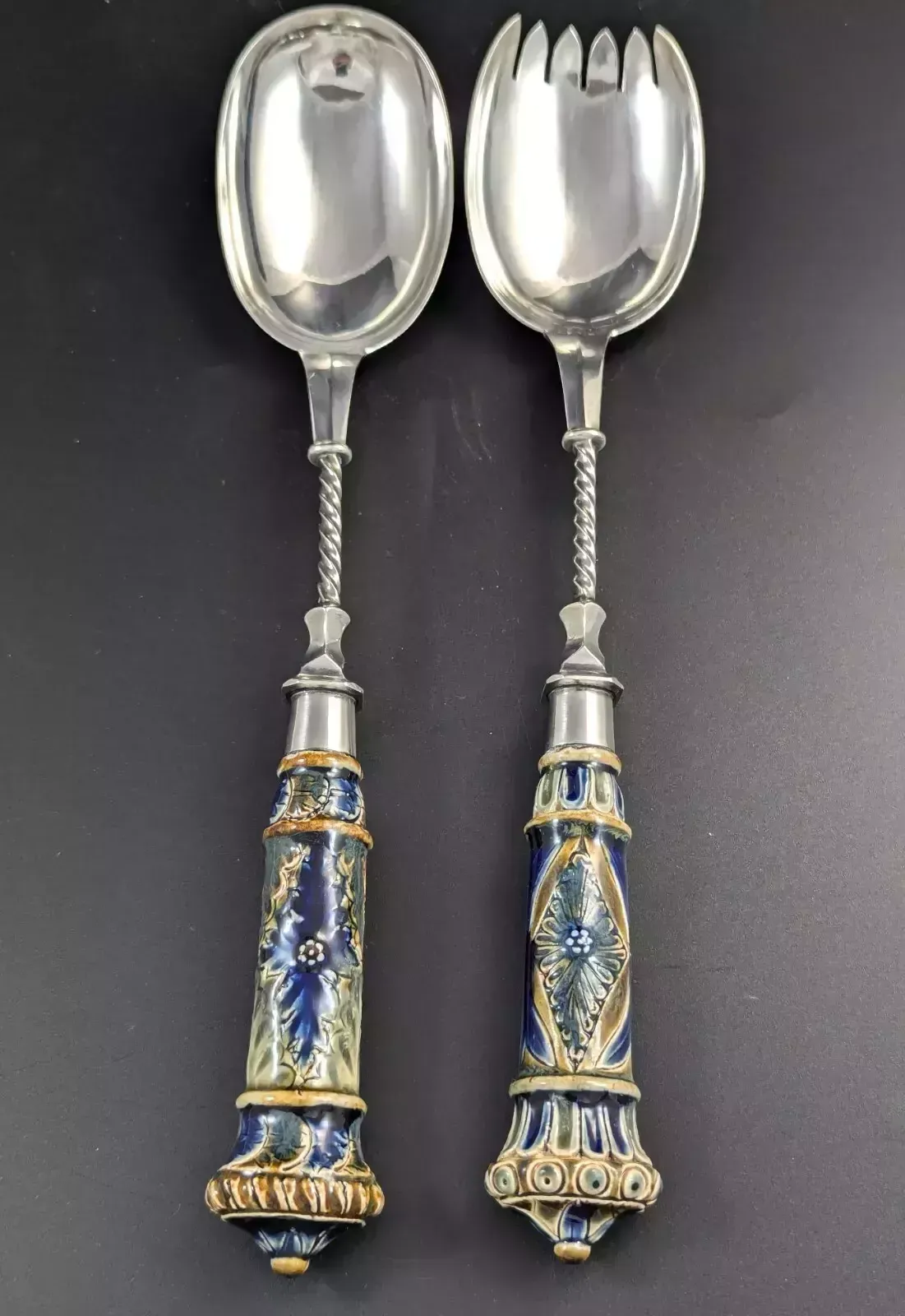photo for sale Antique Set Of Doulton Lambeth Salad Bowl And Silver Servers, C. 1877   Rare