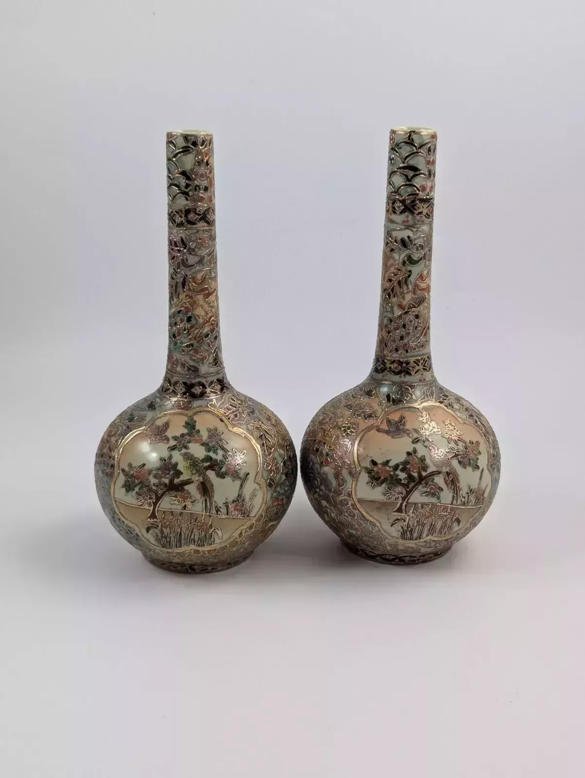 Antique Handpainted Bud Vases, Satsuma, Signed By Gyokushū, Meiji Period photo Home Decor