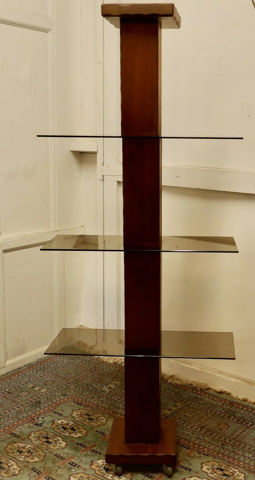 French Mid Century Modern Teak And Smoked Glass Etagère, Display Shelf