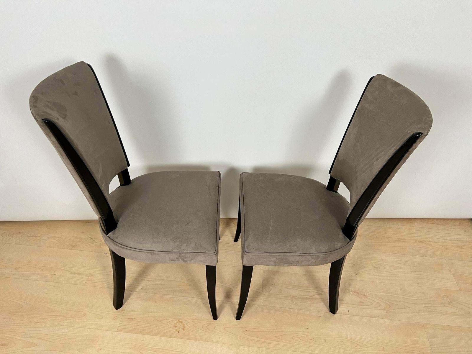 8747.6 Set Of Six Art Deco Chairs, Black Lacquer, Grey Alcantara, France Circa 1930 photo