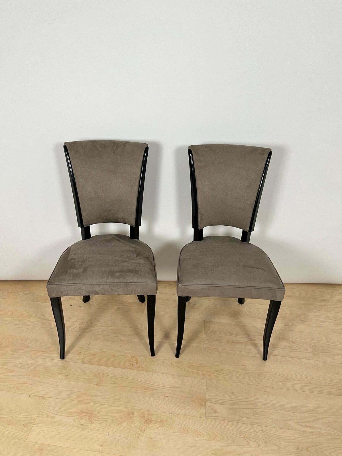 photo buy Set Of Six Art Deco Chairs, Black Lacquer, Grey Alcantara, France Circa 1930