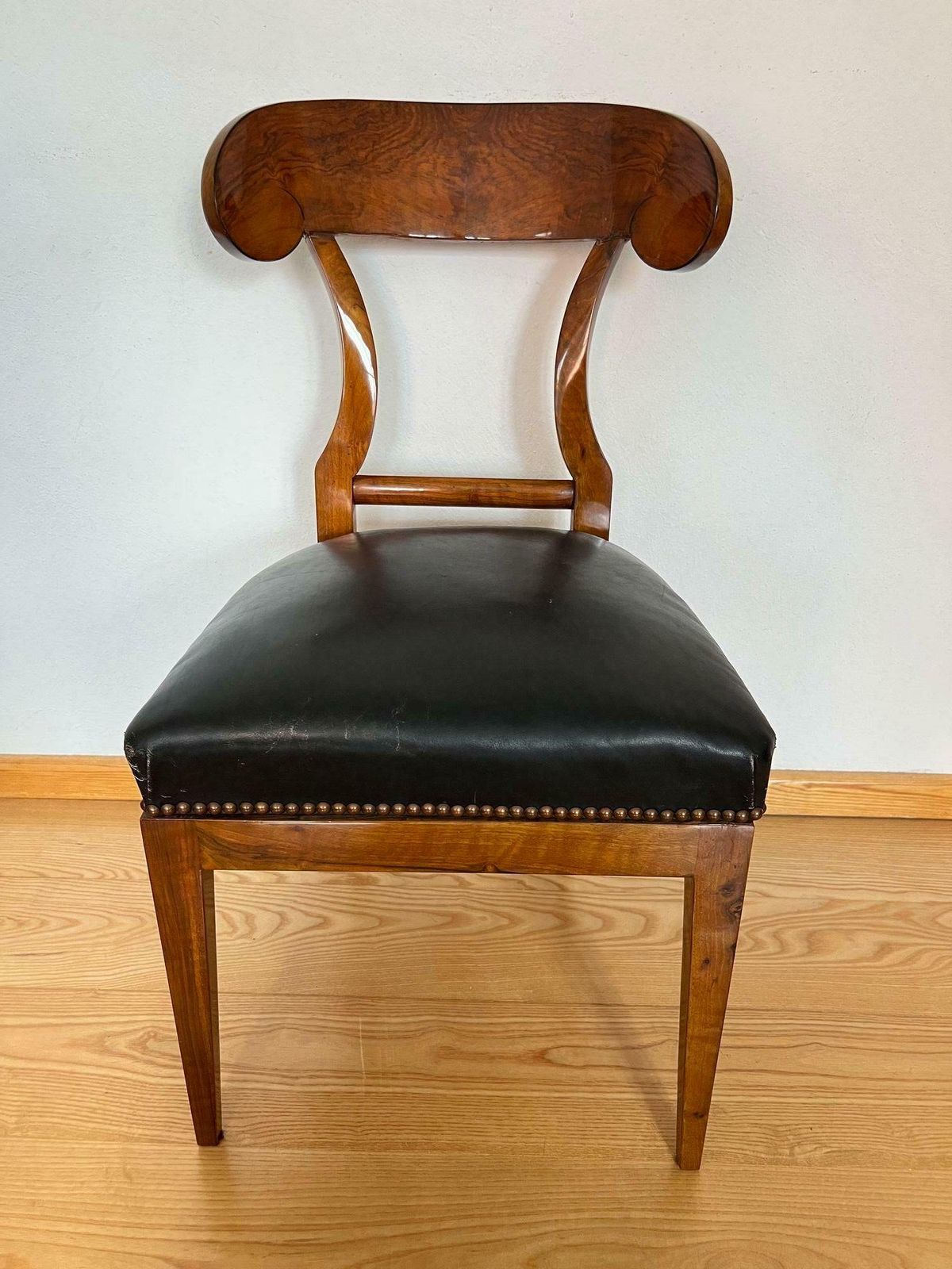 Biedermeier Shovel Chair, Walnut Veneer, Black Leather, Austria Circa 1820 photo furniture