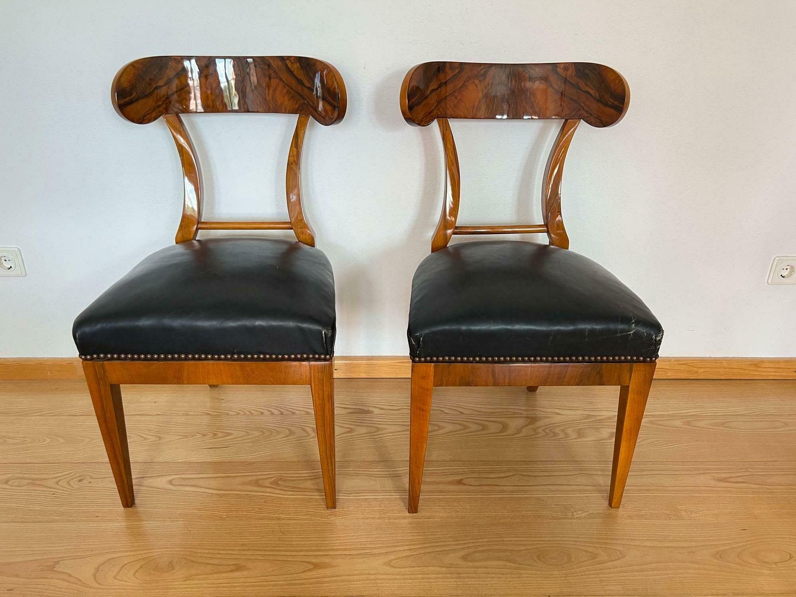 Pair Of Biedermeier Shovel Chairs, Walnut, Black Leather, Austria Circa 1820 photo furniture