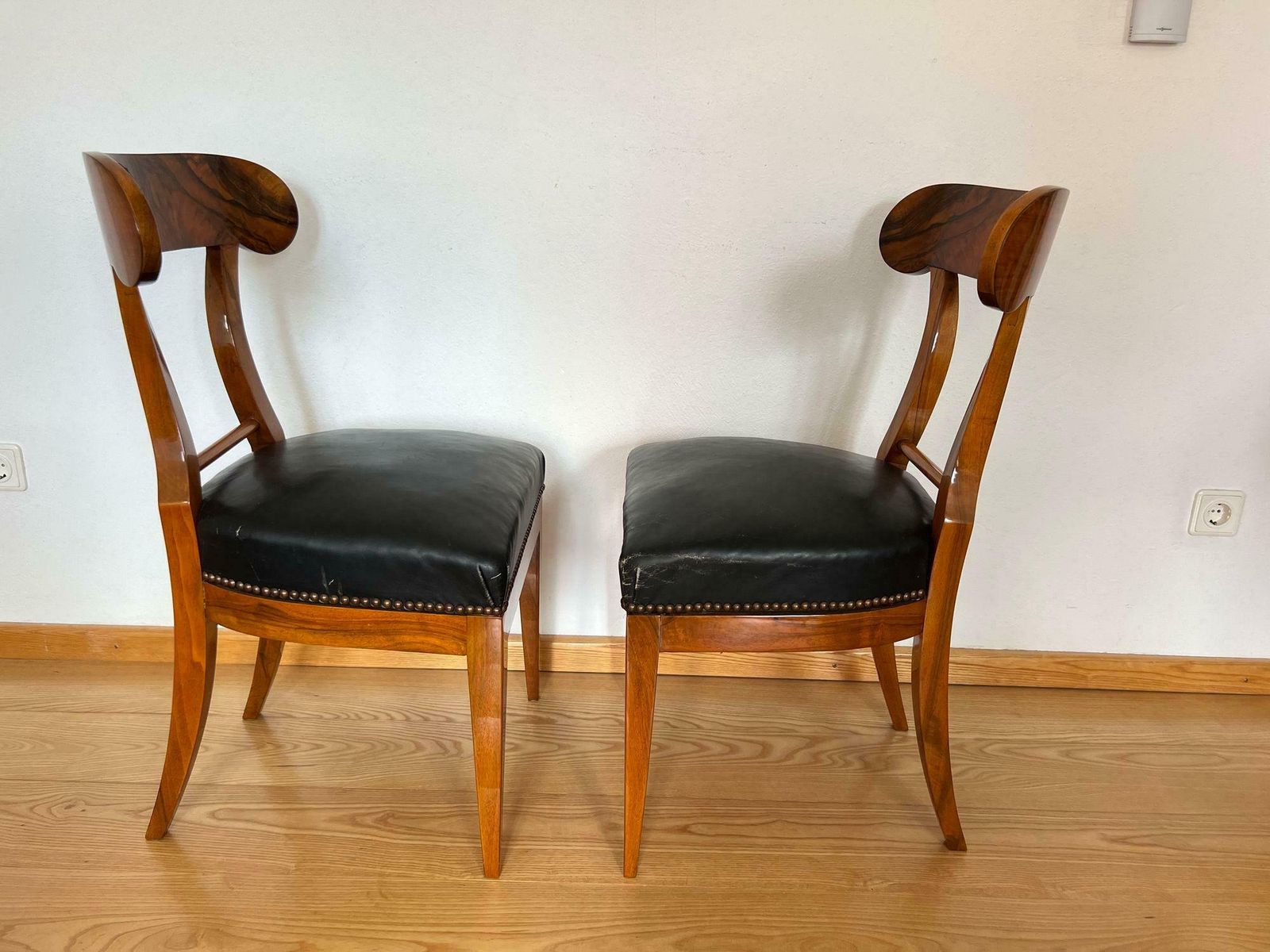 Pair Of Biedermeier Shovel Chairs, Walnut, Black Leather, Austria Circa 1820 photo 2794.52