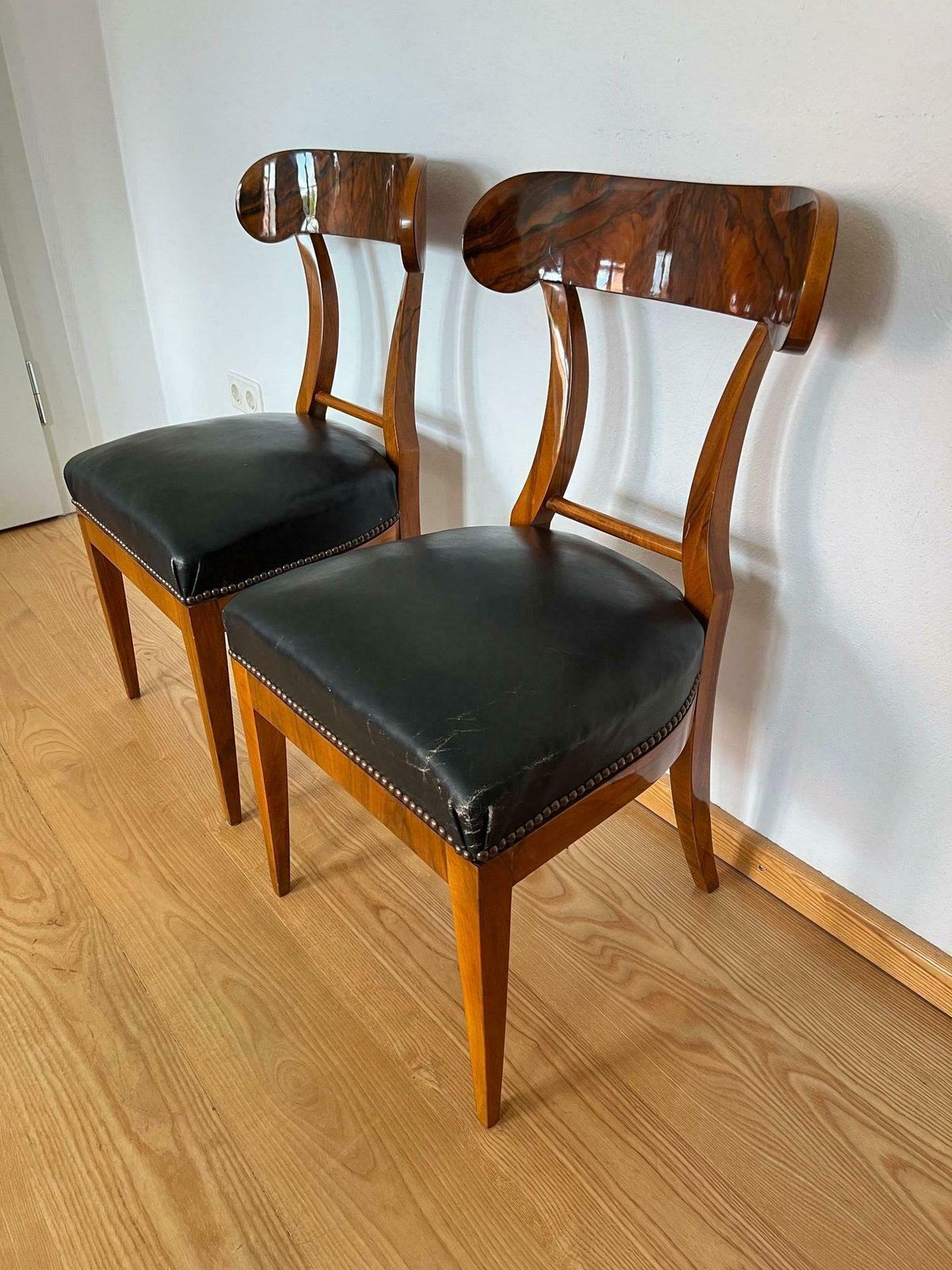 Pair Of Biedermeier Shovel Chairs, Walnut, Black Leather, Austria Circa 1820 photo buy
