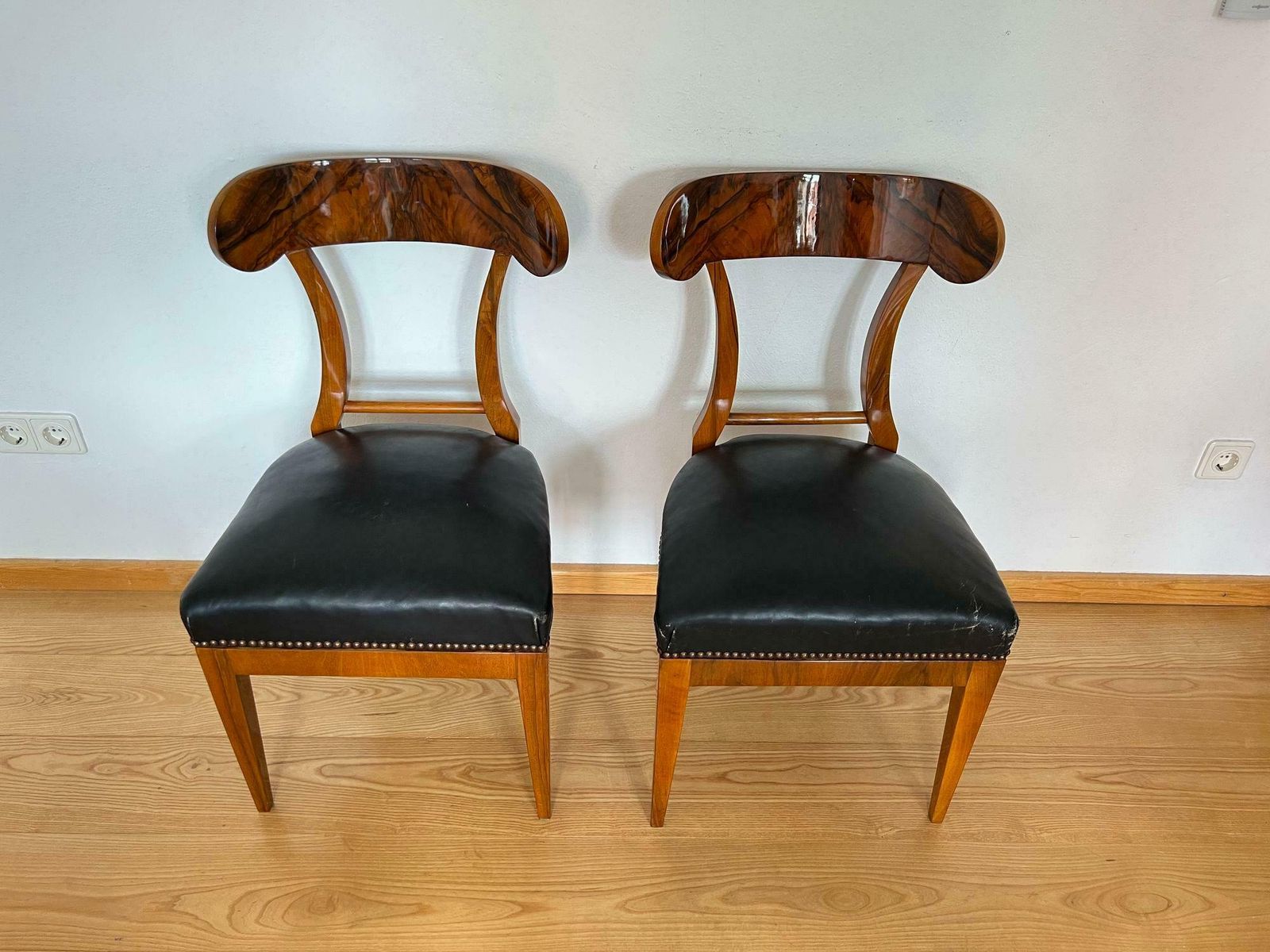 Furniture Pair Of Biedermeier Shovel Chairs, Walnut, Black Leather, Austria Circa 1820 photo