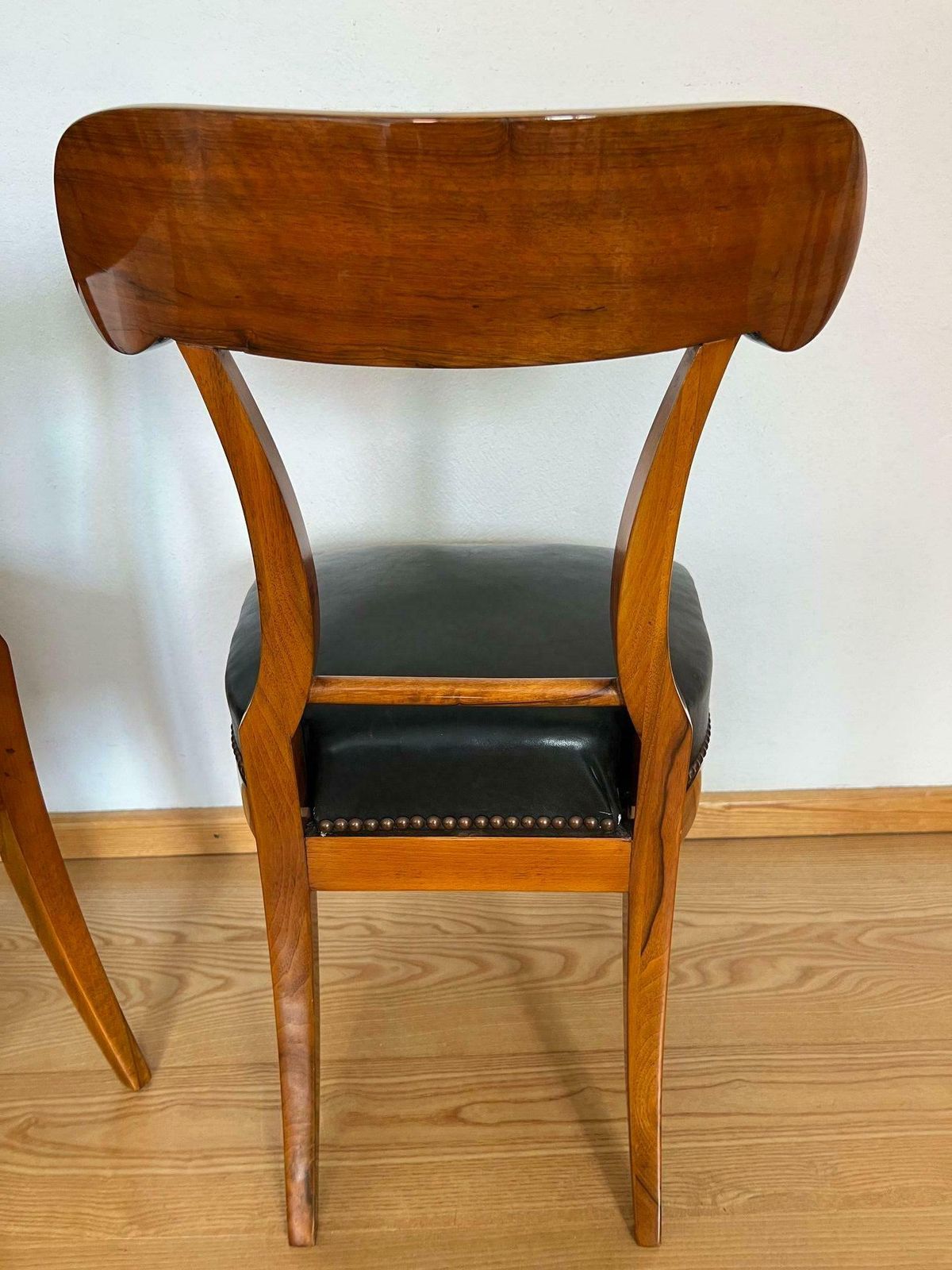 photo buy Pair Of Biedermeier Shovel Chairs, Walnut, Black Leather, Austria Circa 1820