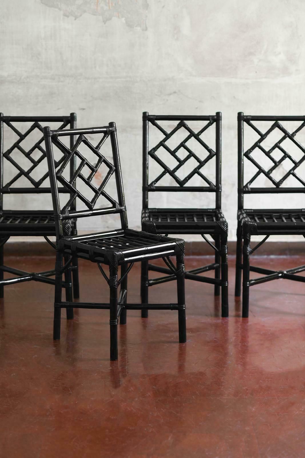 Set Of 4 Black Lacquered Rattan Chairs, Italy 1970 photo furniture