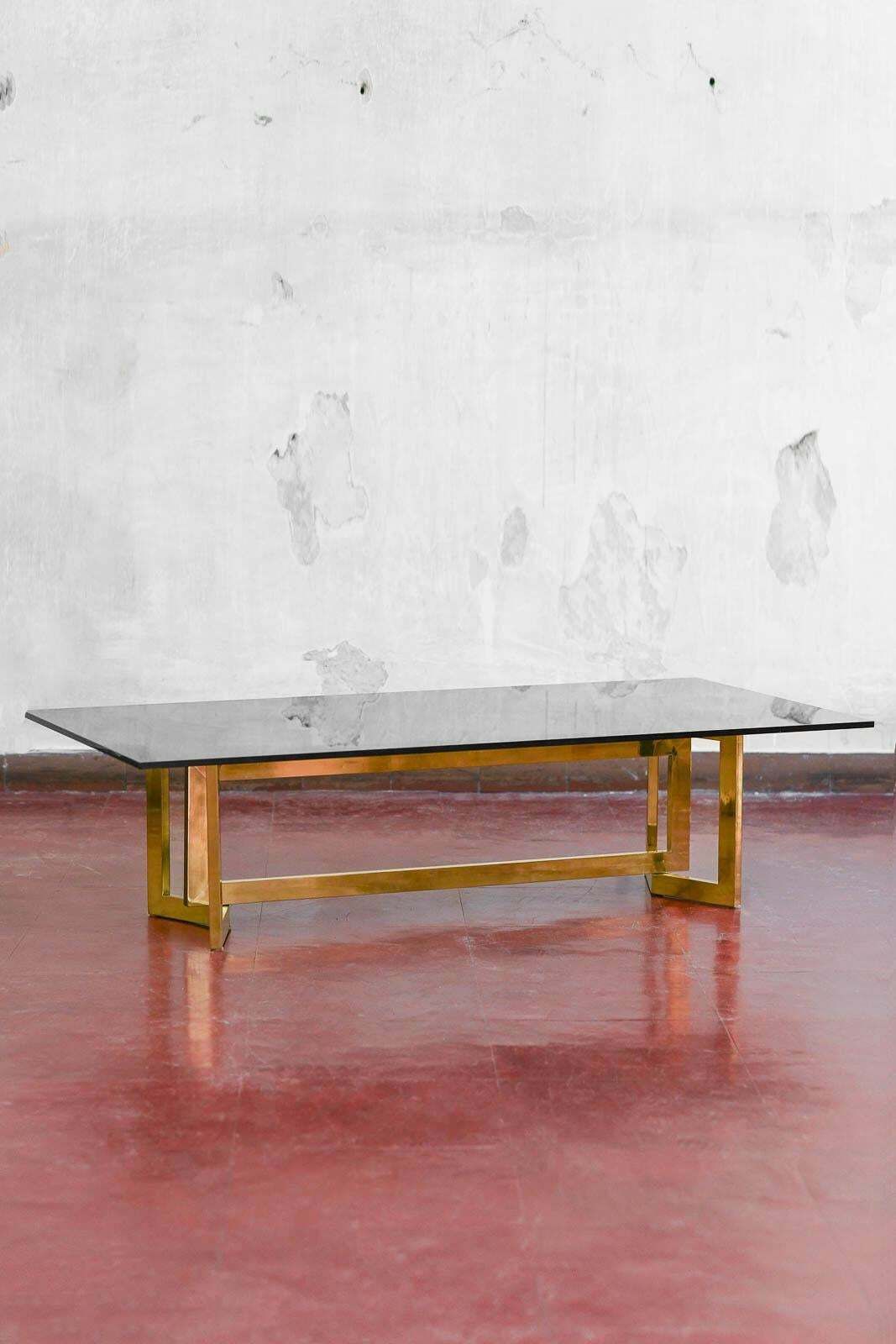 Coffee Table In Brass And Smoked Glass, 1970s In The Style Of Romeo Rega photo furniture