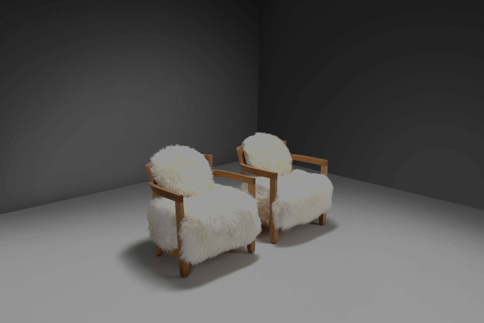Set Of Two Solid Oak And Off White Sheepskin Chairs, Switzerland, 1970s photo furniture