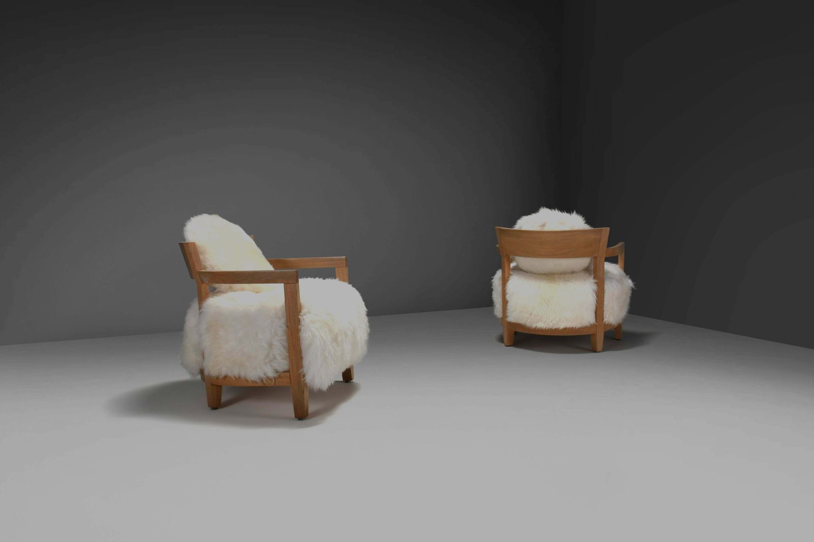 Set Of Two Solid Oak And Off White Sheepskin Chairs, Switzerland, 1970s photo 4263.0