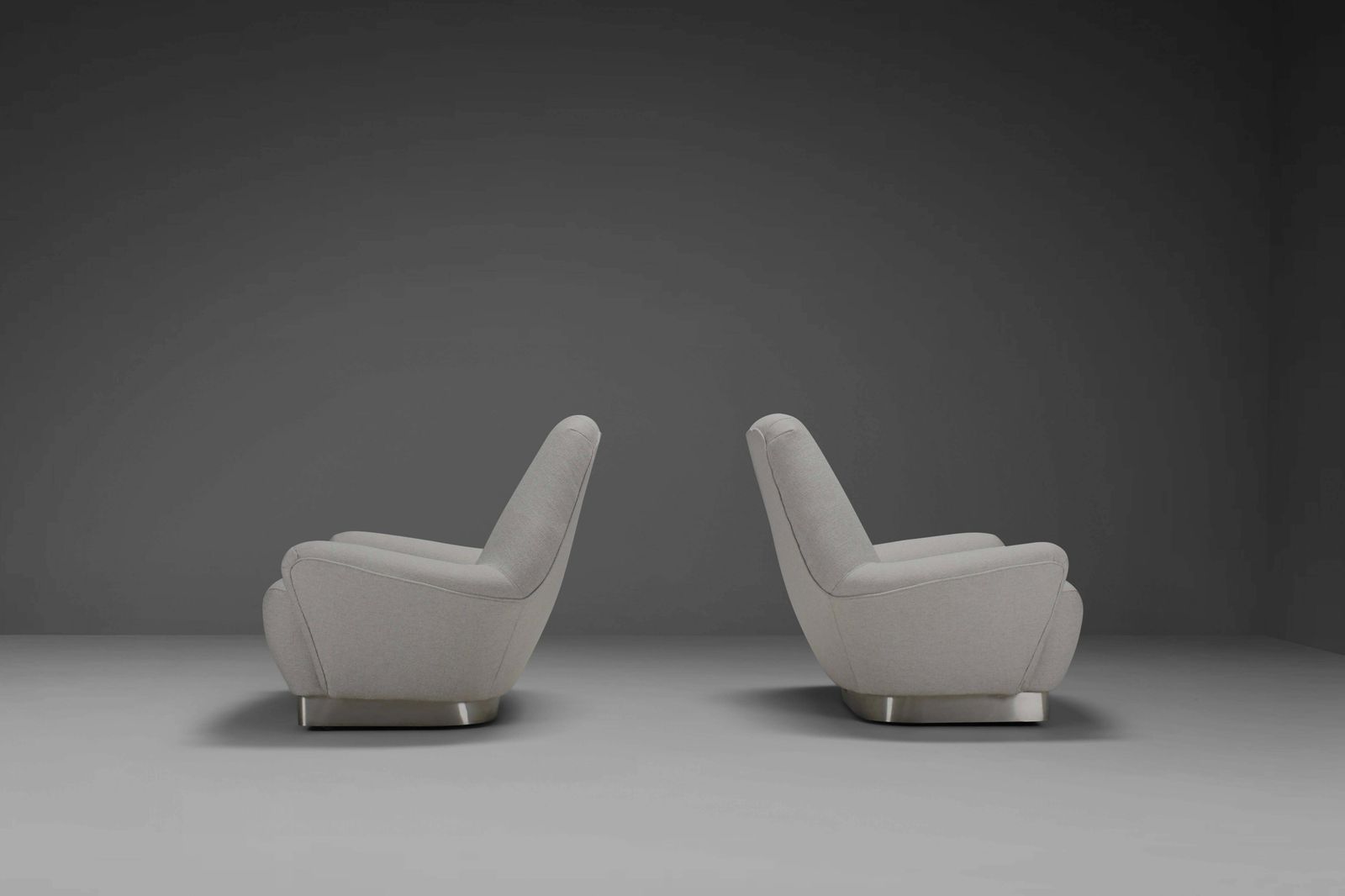 photo for sale Rare Pair Of Grey Fabric And Stainless Steel Lounge Chairs By Gianni Moscatelli
