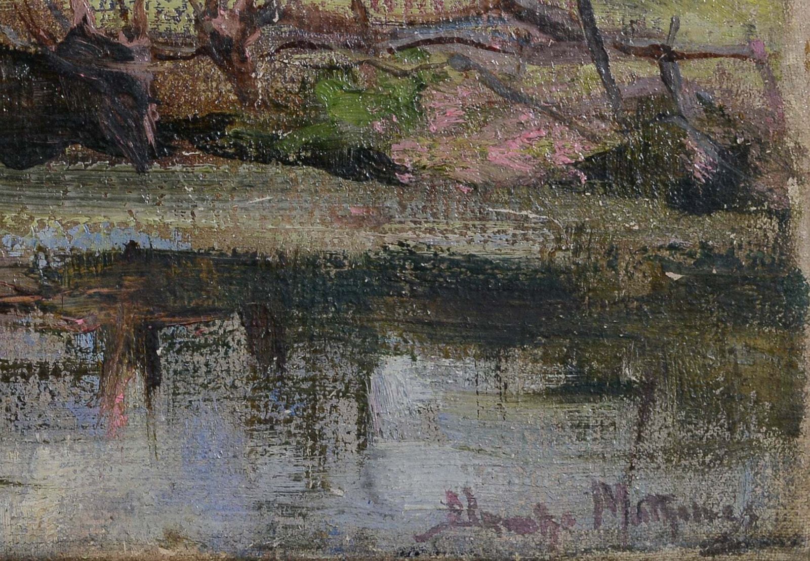 Impressionistisch Olieverfschilderij Van Een Rieten Huisje Aan Een Beek photo for sale