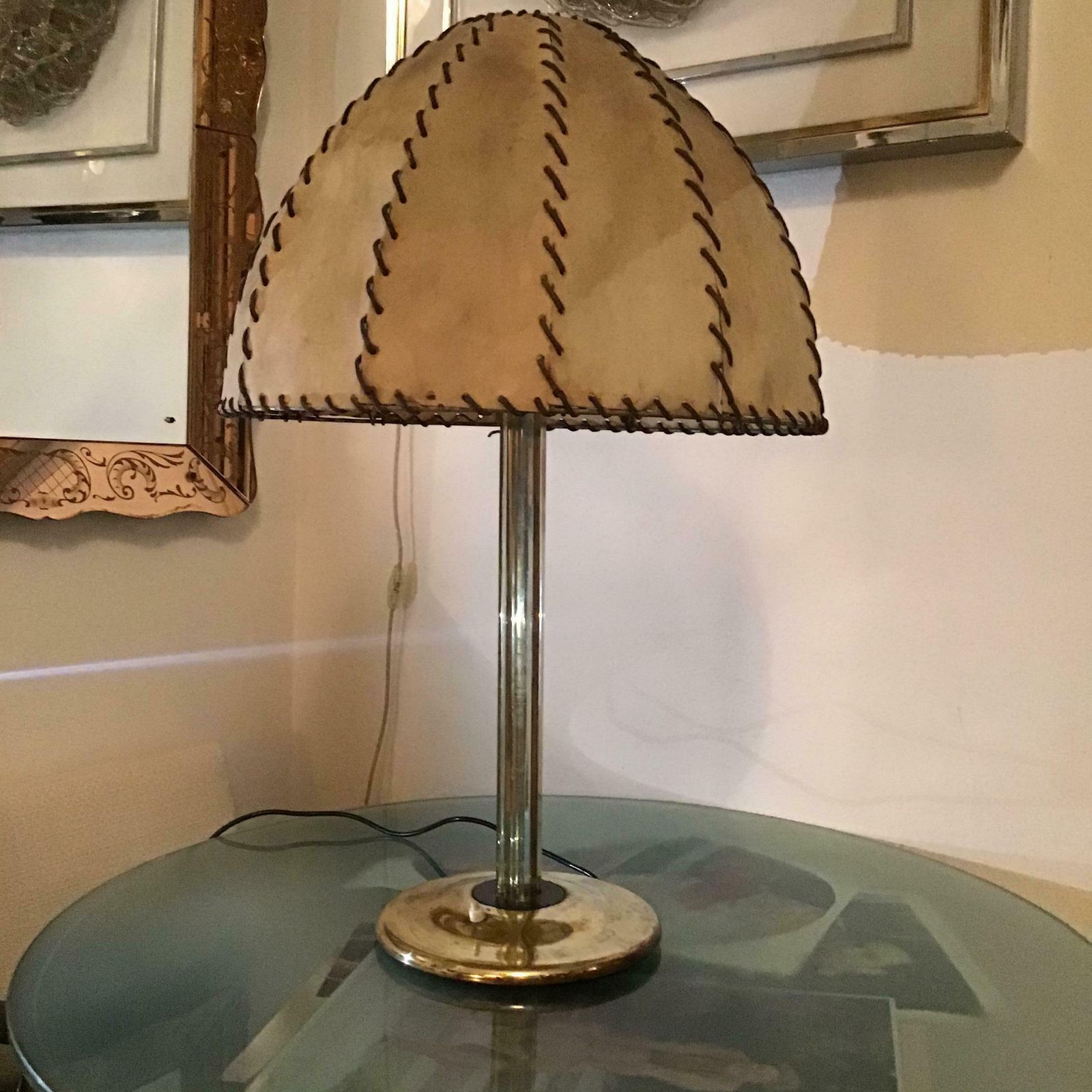 photo for sale Fontana Arte Max Ingrand Table Lamp Brass Glass Wood Lampshade 1940 Italy
