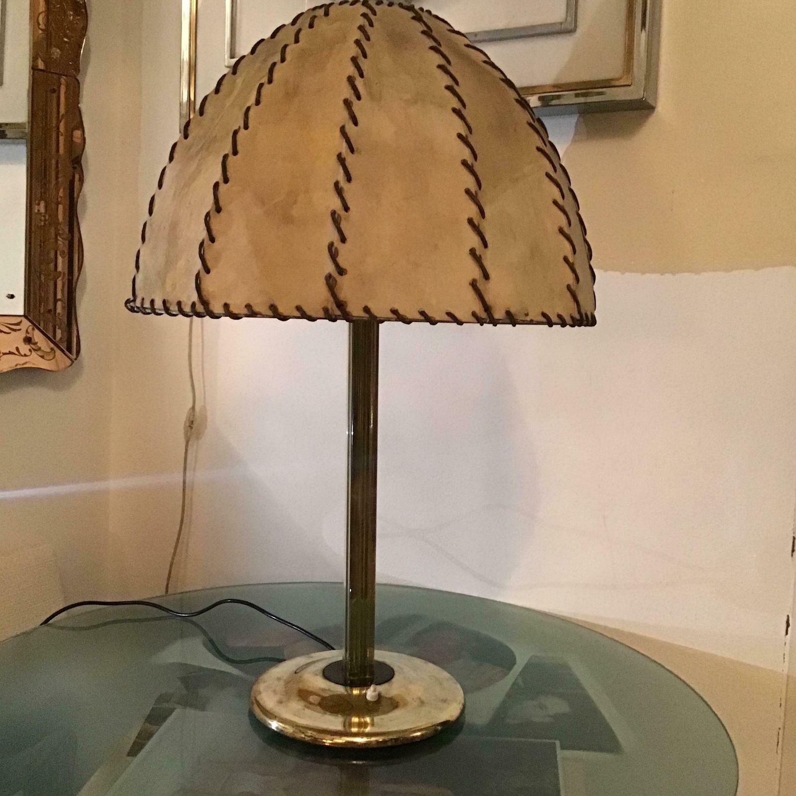 10313.0 Fontana Arte Max Ingrand Table Lamp Brass Glass Wood Lampshade 1940 Italy photo