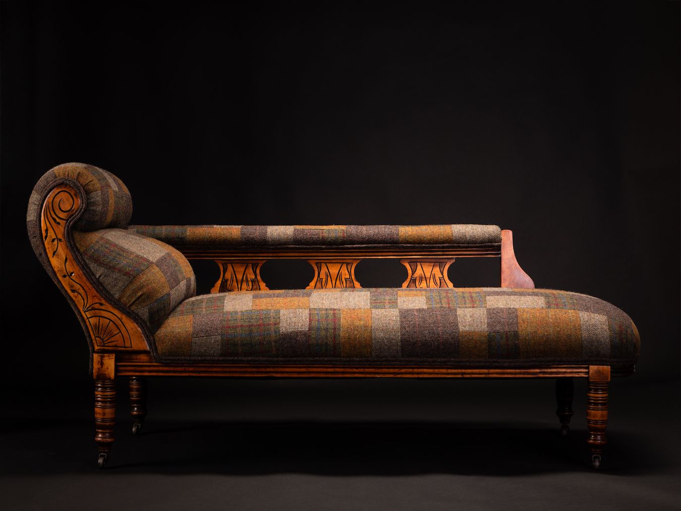 Antique Mahogany Chaise Lounge Upholstered In Handcrafted Harris Tweed Patchwork photo Furniture