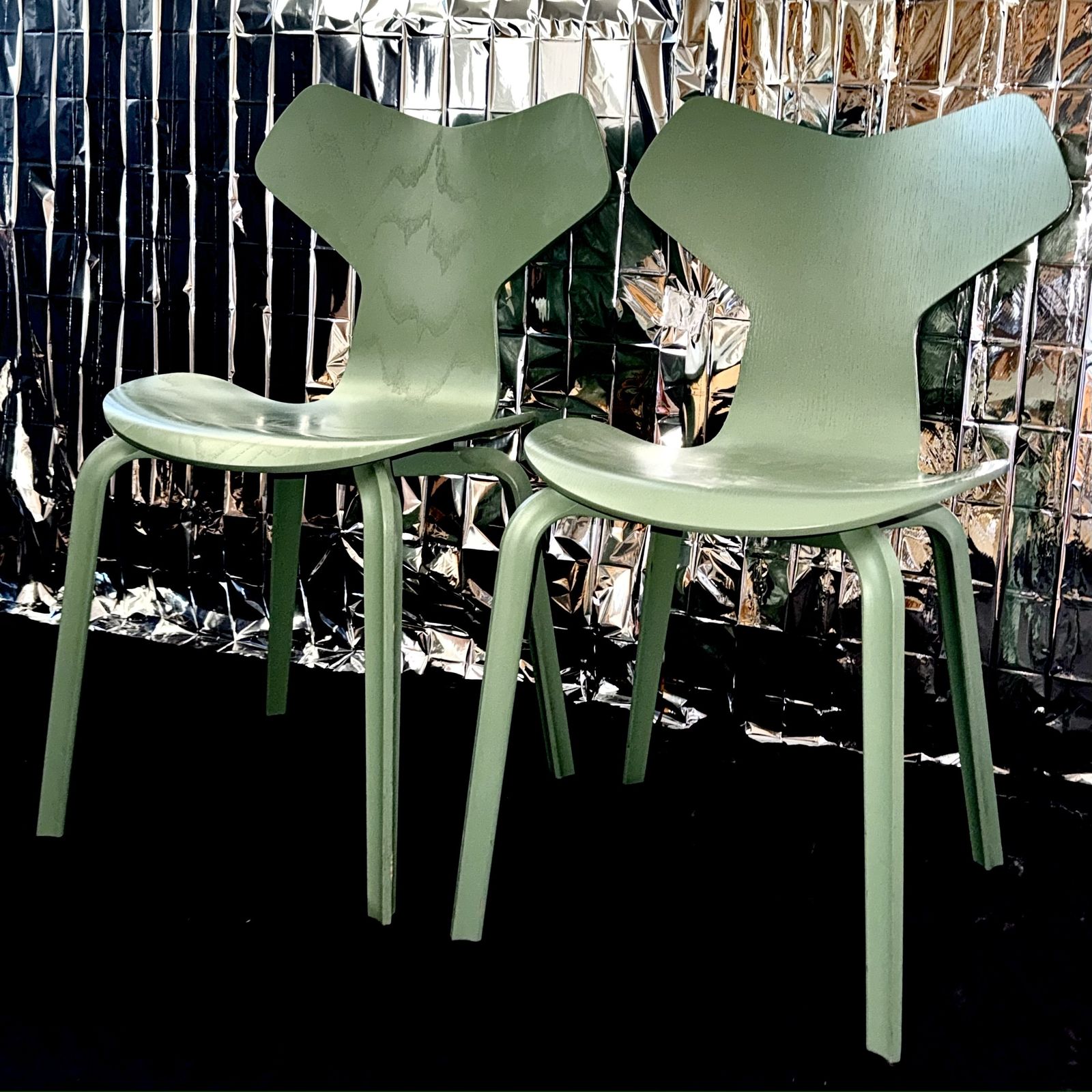 Furniture Pair Of Grand Prix Chairs In Sage Green, By Arne Jacobsen For Fritz Hansen photo