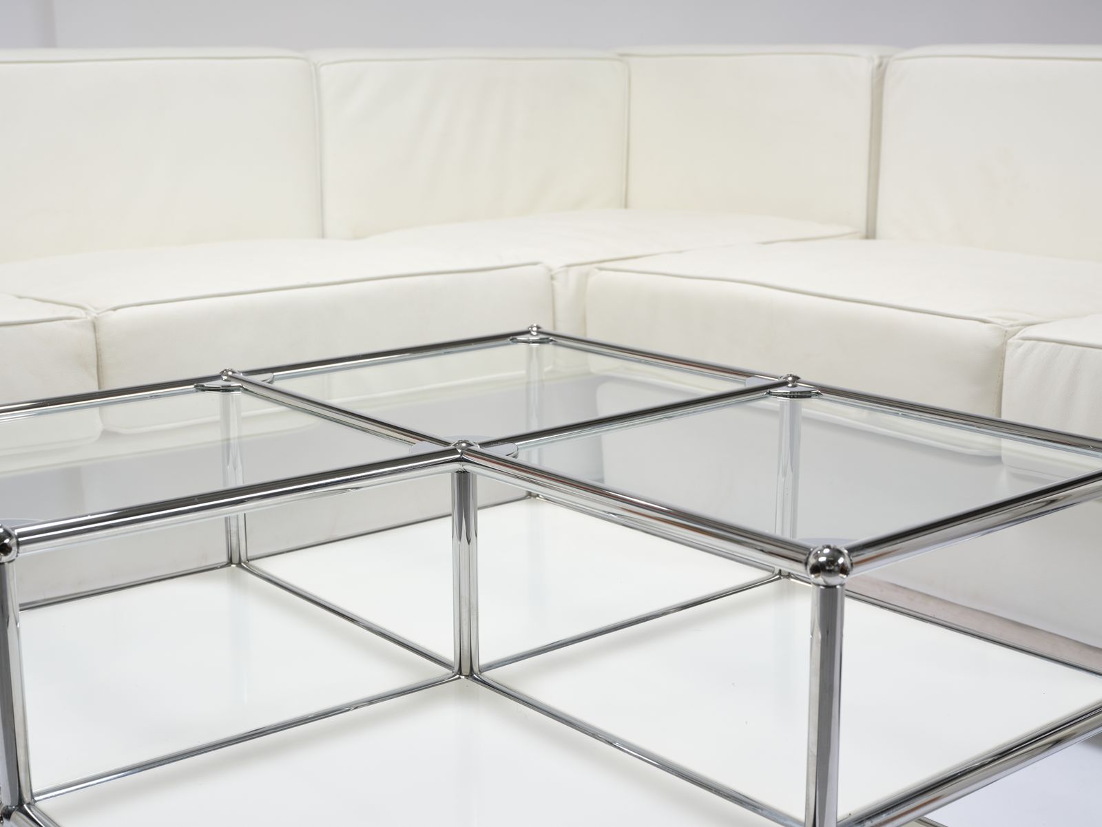 Furniture Beautiful White Leather & Chrome Tubular Steel ‘L’ Shaped Mcm Sofa In The Manner Of Le Corbusier, France Circa 2000 photo