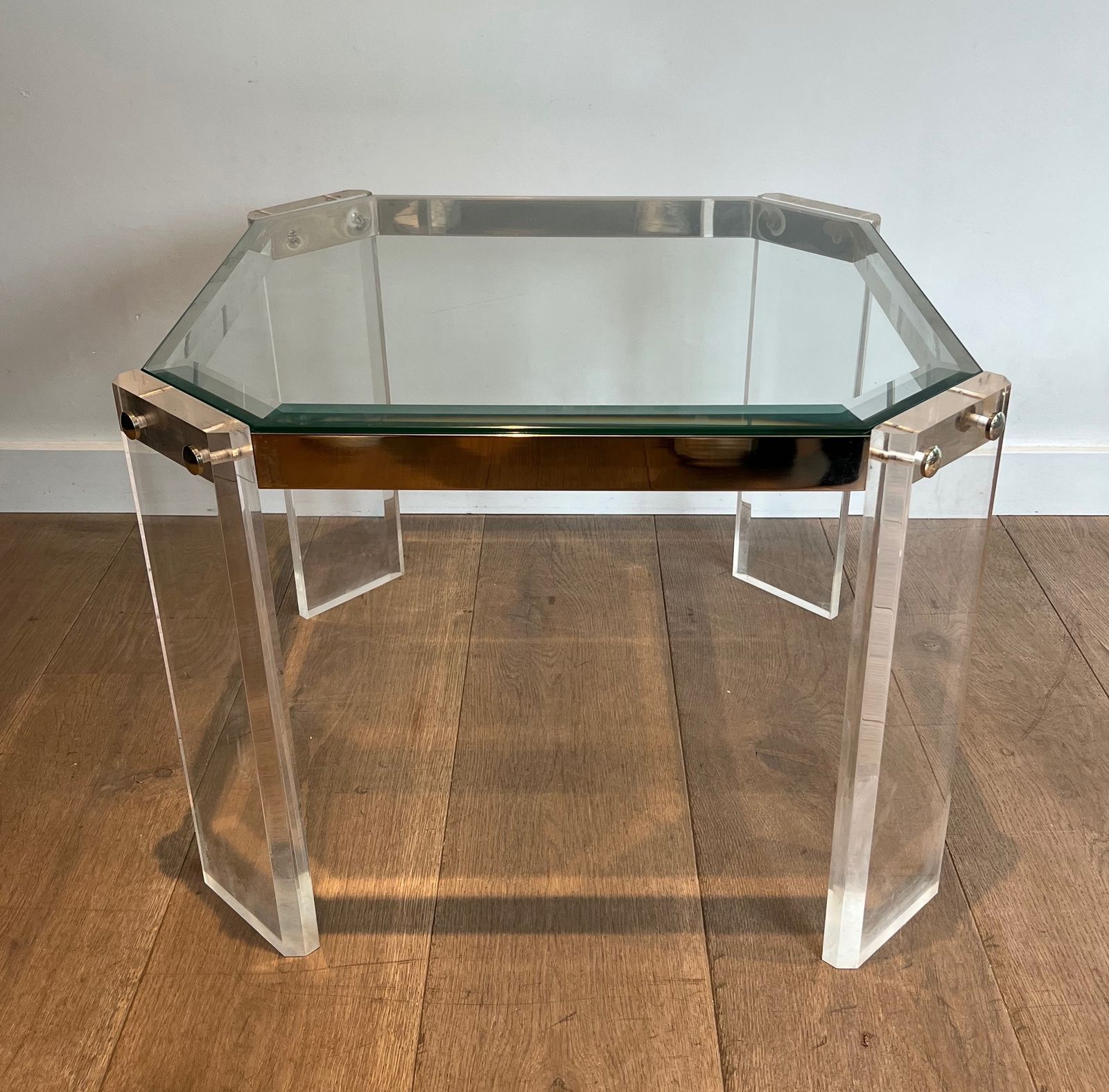 Pair Of Octagonal Plexiglass And Chrome Sofa End Tables From Maison Jansen photo for sale