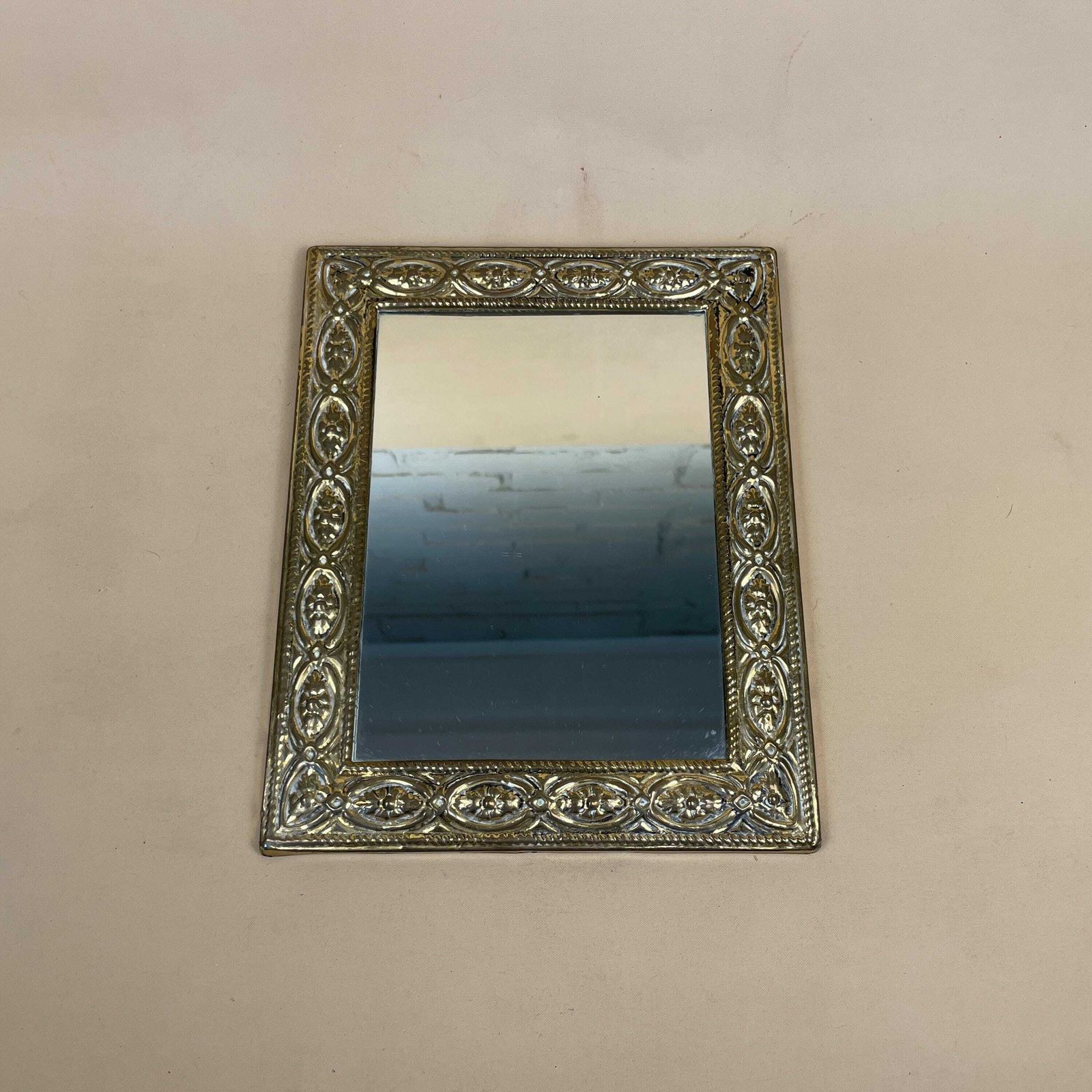 Vintage Gold Metal Wall Mirror Rectangle Portrait Patterned Frame Wall Hanging Small Wooden Back Antique photo for sale