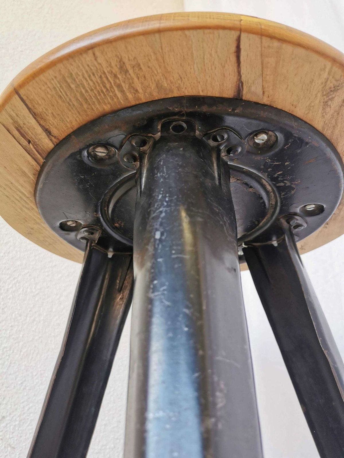 Rare Vintage Higher Rowac Era Style Industrial Bar Stool / 1970s / Metal Base And Wooden Seat / Mid Century Bistro Pub Chair / Retro German photo for sale