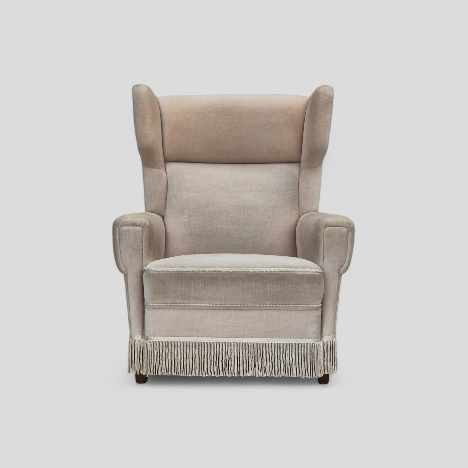 Deense Wingback Fauteuil, Jaren 1970, Goede Staat, Meubelvelours, Essenhout.