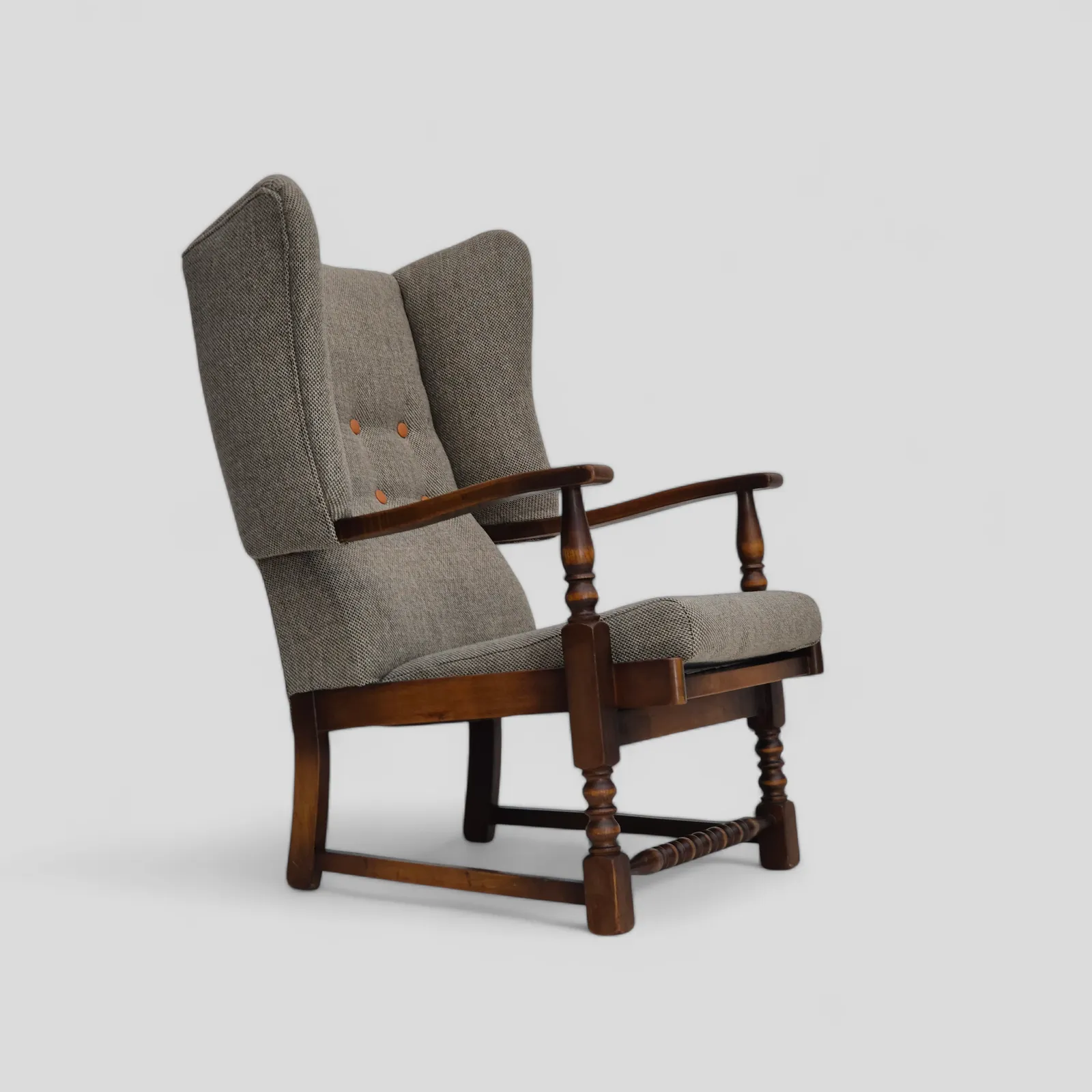 1960s, Scandinavian Design, Reupholstered Armchair, Furniture Wool, Oak Wood.