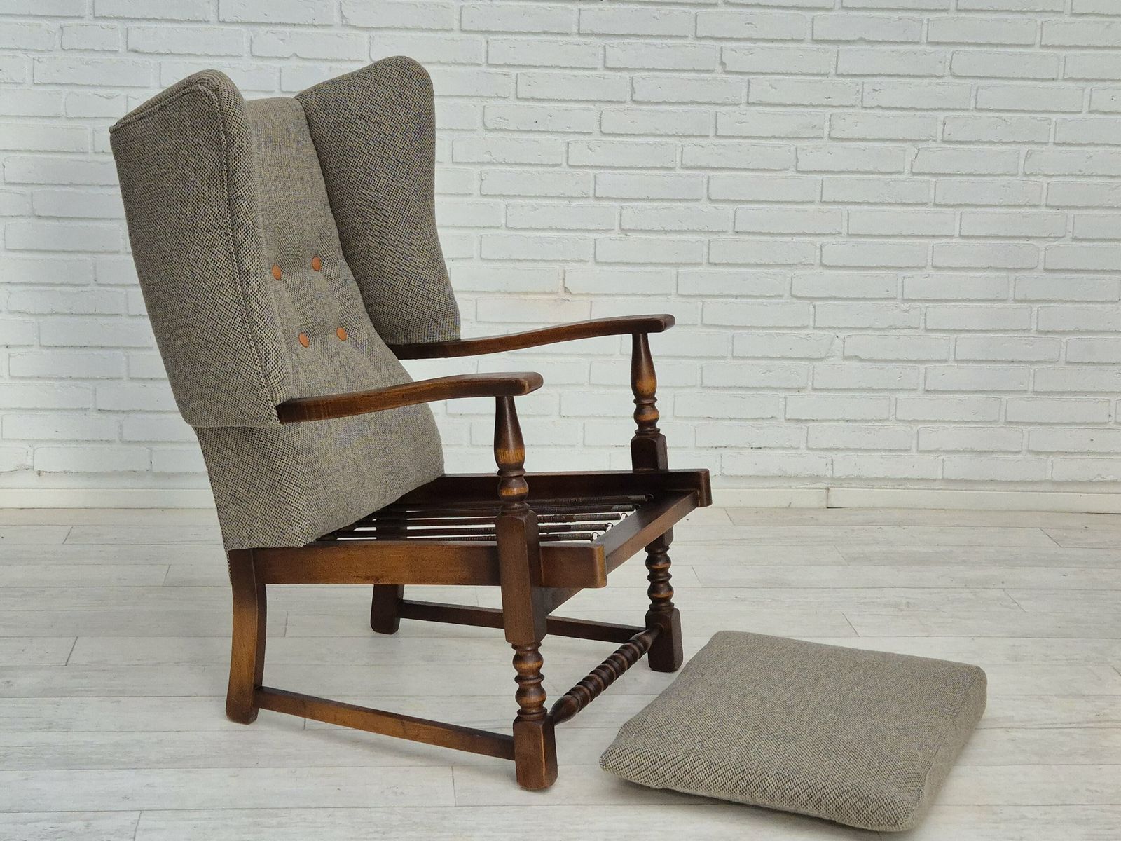 1390.0 1960s, Scandinavian Design, Reupholstered Armchair, Furniture Wool, Oak Wood. photo