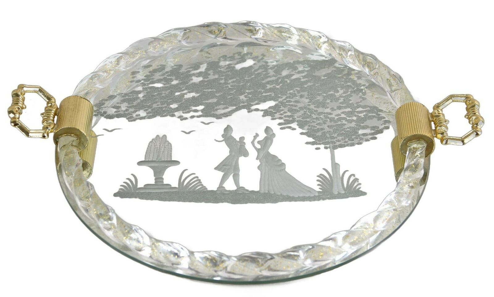Venetian Murano Glass Tray With Engravings, 24k Gold Flakes, It Ca. 1960