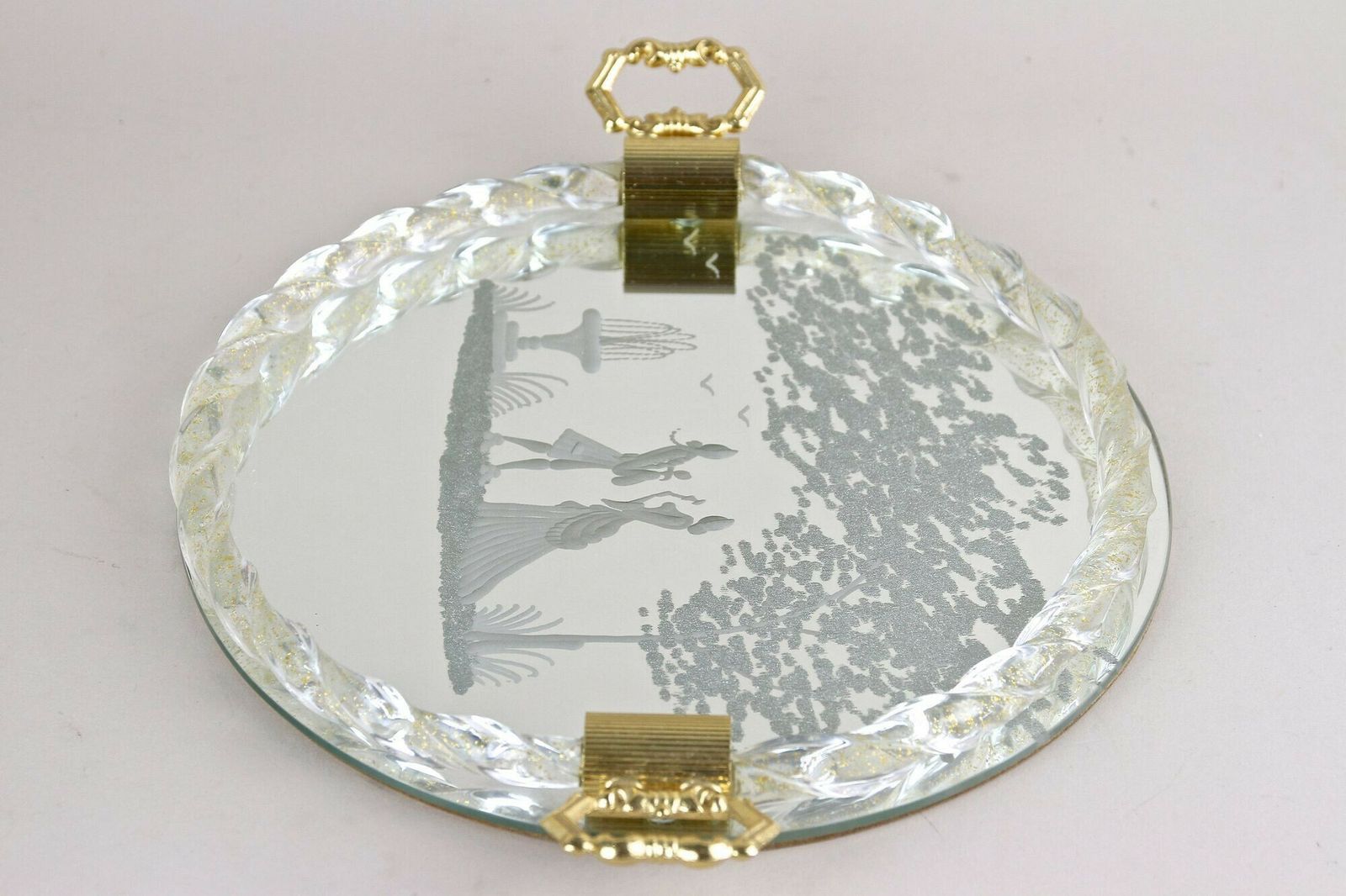 Venetian Murano Glass Tray With Engravings, 24k Gold Flakes, It Ca. 1960 photo vinterior