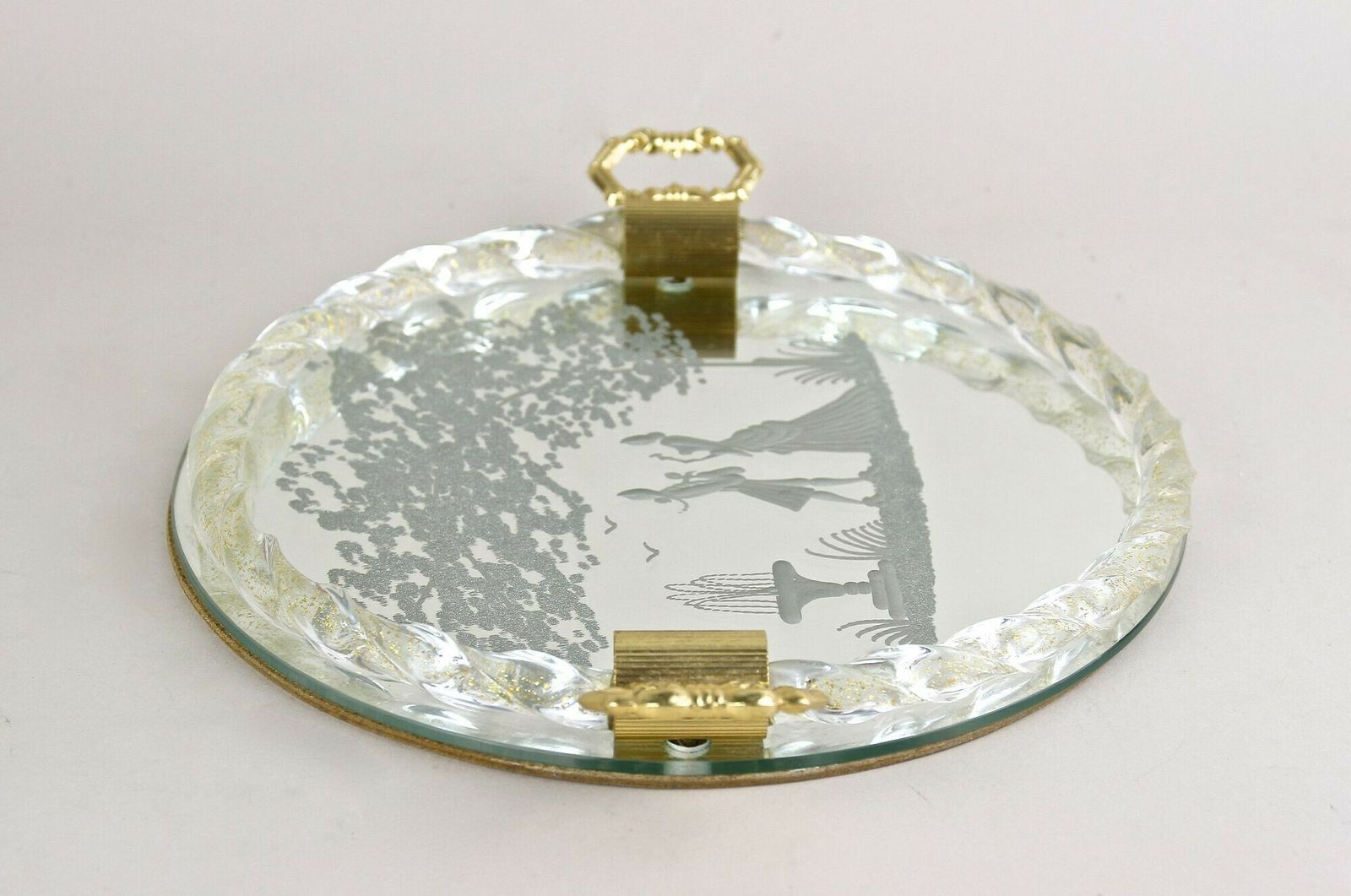 Venetian Murano Glass Tray With Engravings, 24k Gold Flakes, It Ca. 1960 photo vintage