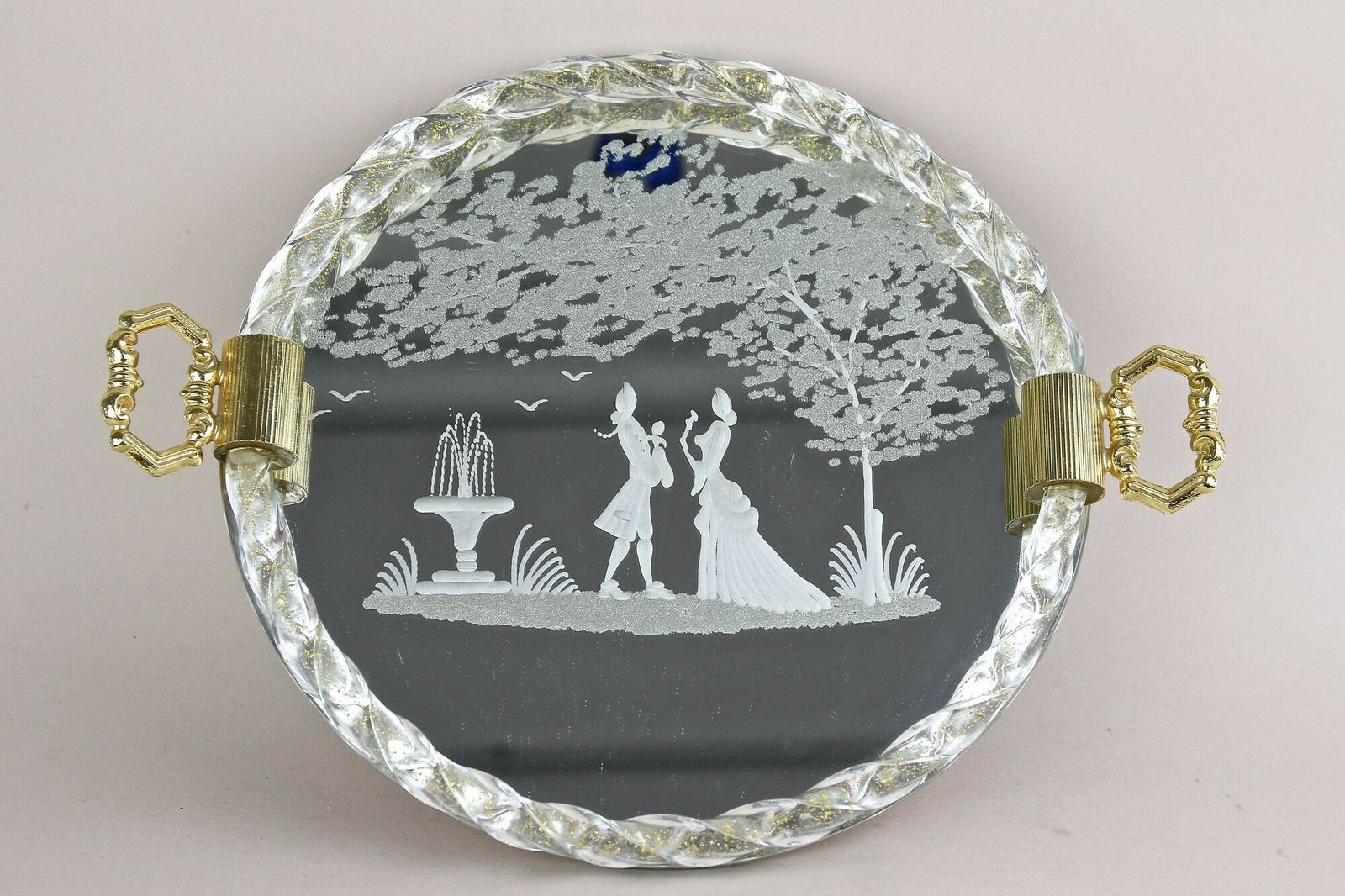 photo buy Venetian Murano Glass Tray With Engravings, 24k Gold Flakes, It Ca. 1960